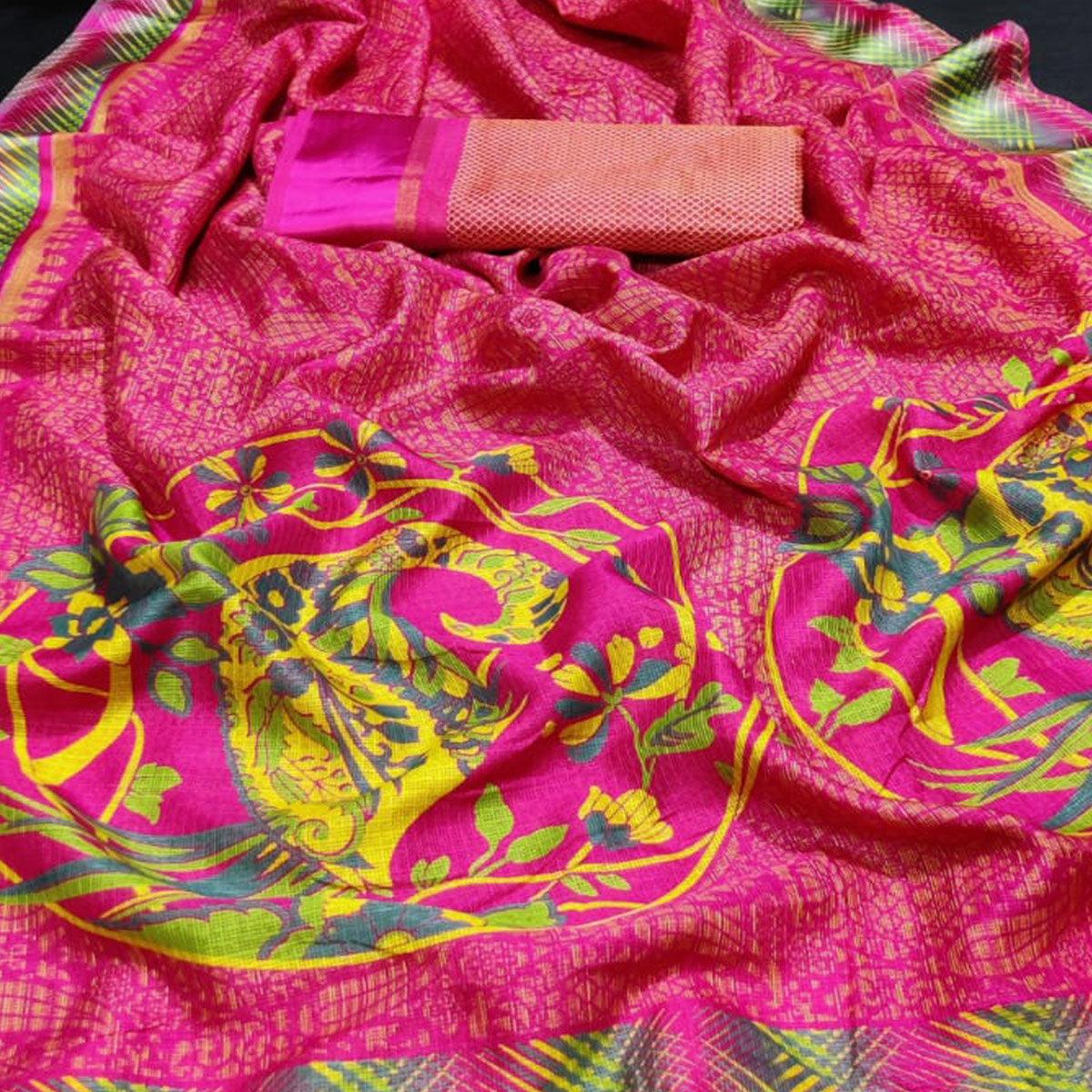 Eye-Catching Pink Colored Casual Wear Printed Silk Saree - Peachmode