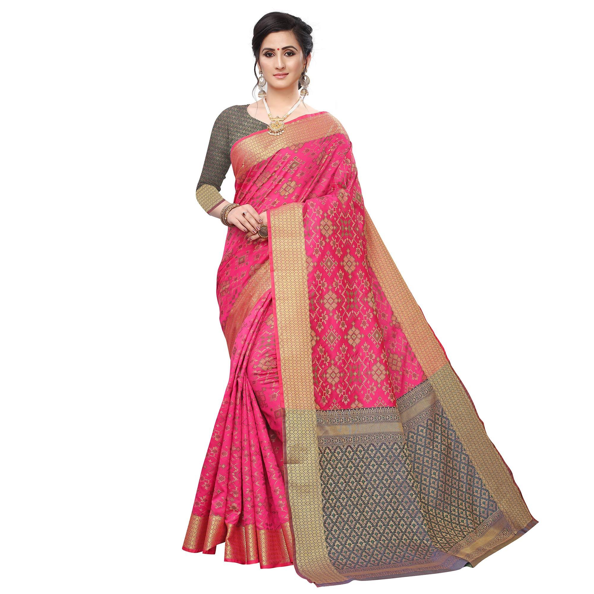 Eye-catching Pink Colored Festive Wear Woven Kanjivaram Silk Saree - Peachmode