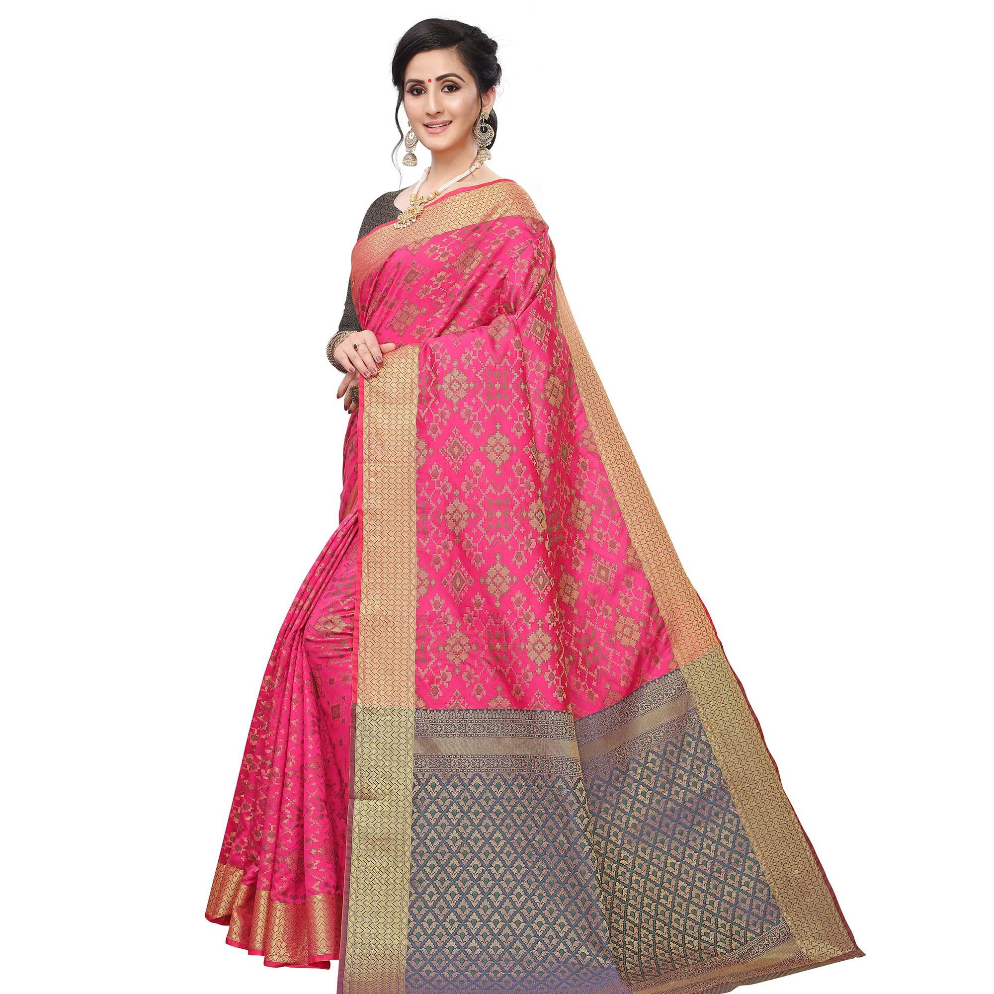 Eye-catching Pink Colored Festive Wear Woven Kanjivaram Silk Saree - Peachmode