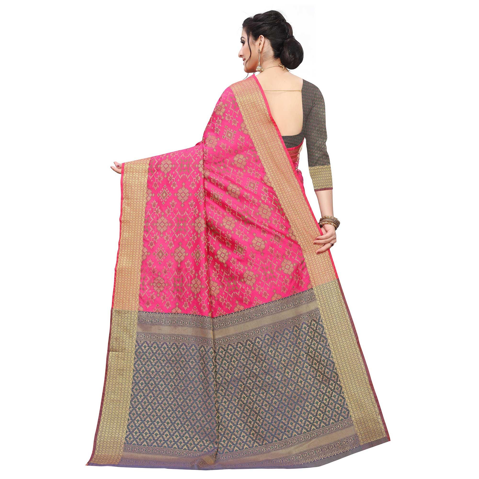 Eye-catching Pink Colored Festive Wear Woven Kanjivaram Silk Saree - Peachmode