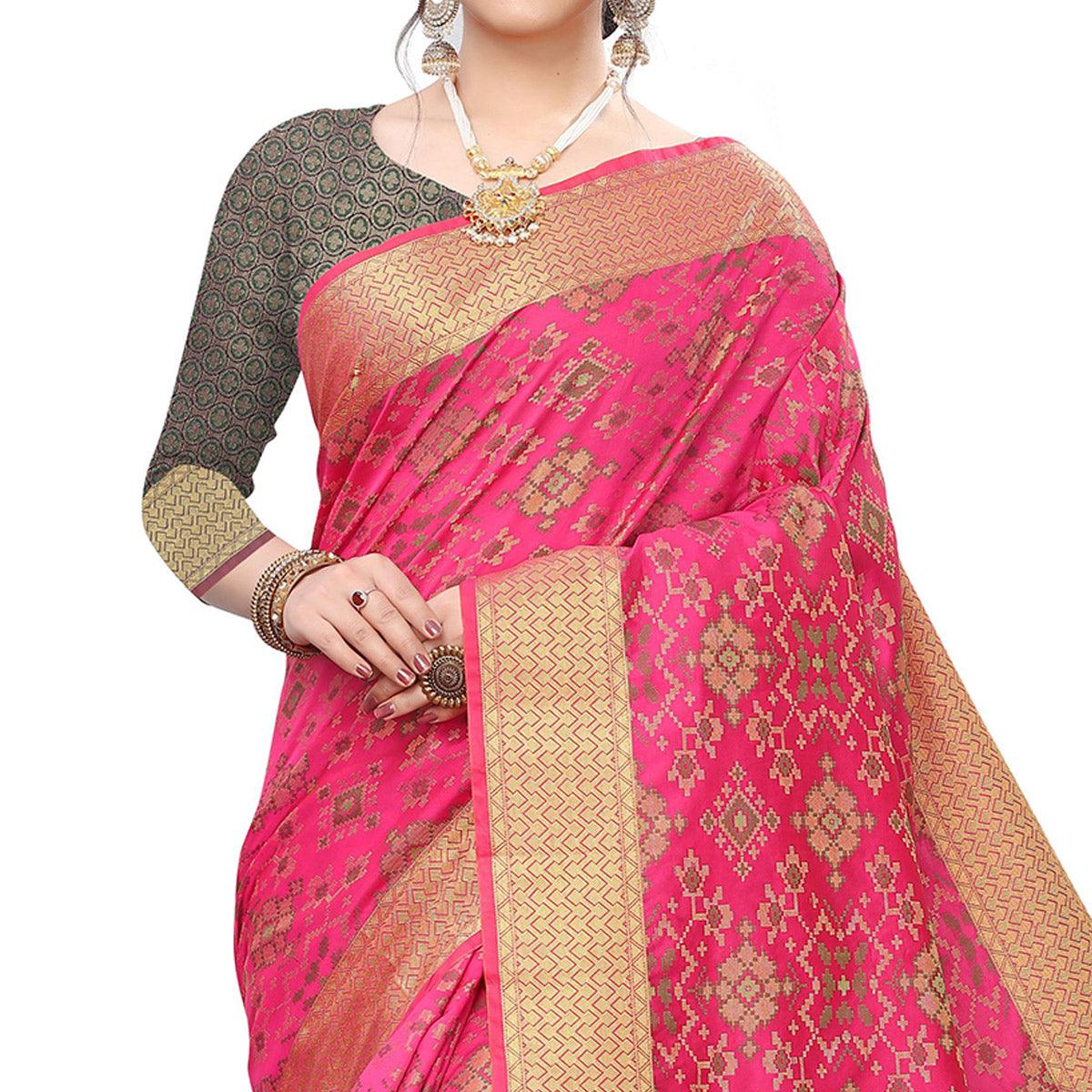 Eye-catching Pink Colored Festive Wear Woven Kanjivaram Silk Saree - Peachmode