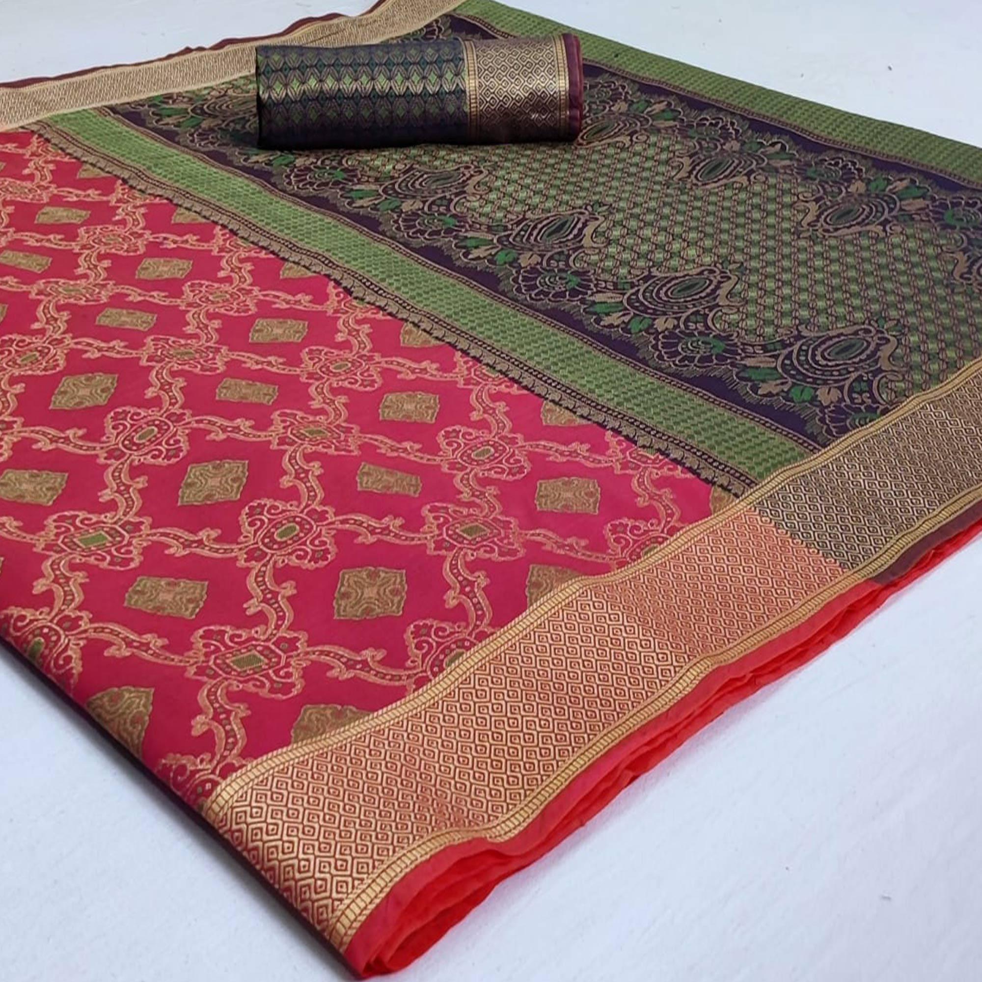 Eye-catching Pink Colored Festive Wear Woven Silk Saree - Peachmode