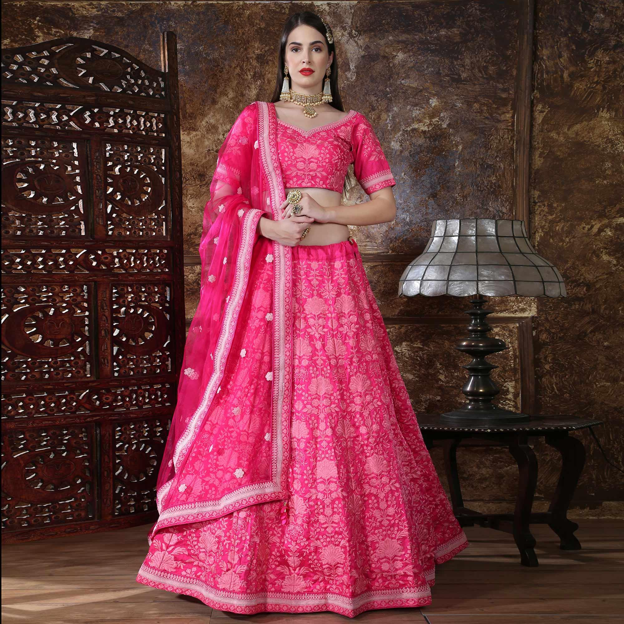 Eye-catching Pink Colored Partywear Embroidered Silk Lehenga Choli - Peachmode