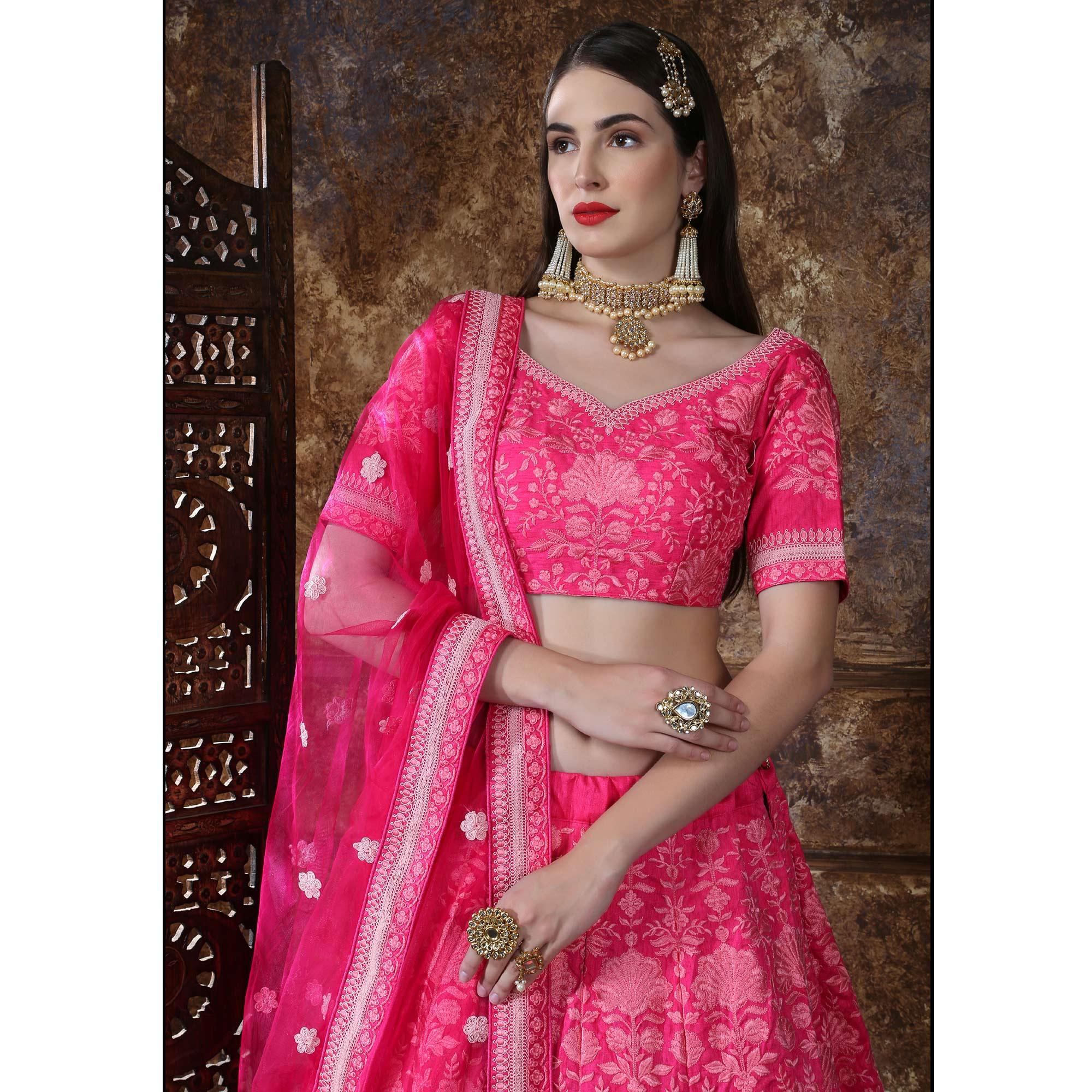 Eye-catching Pink Colored Partywear Embroidered Silk Lehenga Choli - Peachmode