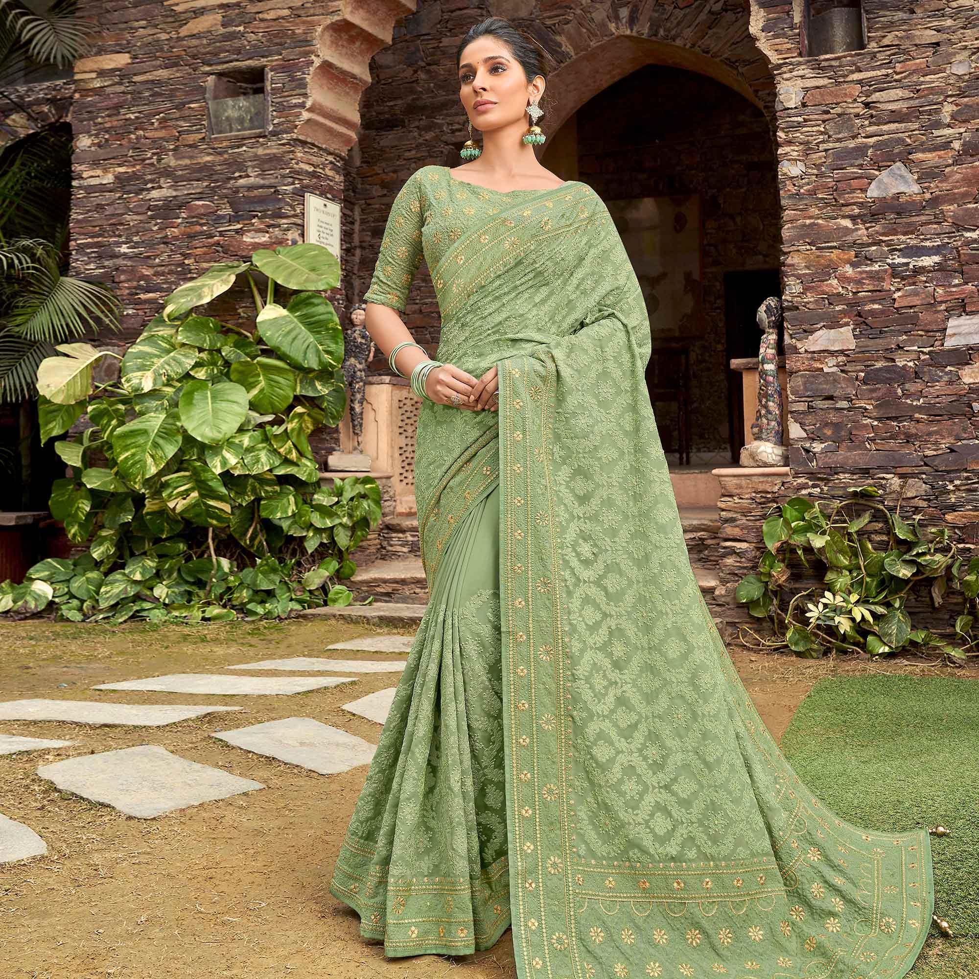 Eye-catching Pista Green Colored Partywear Embroidered Satin - Gerogette Saree - Peachmode