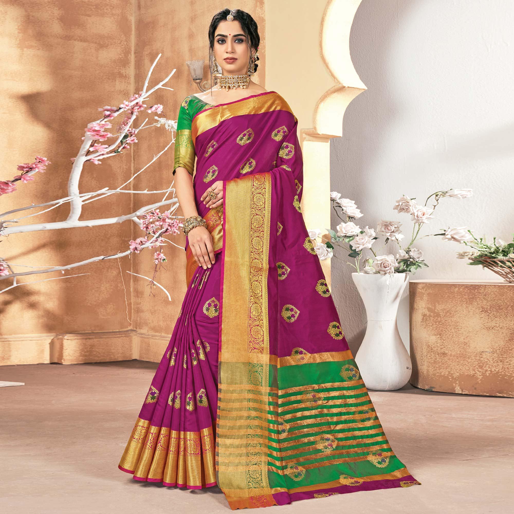 Eye-catching Purple Colored Festive Wear Woven Silk Saree - Peachmode