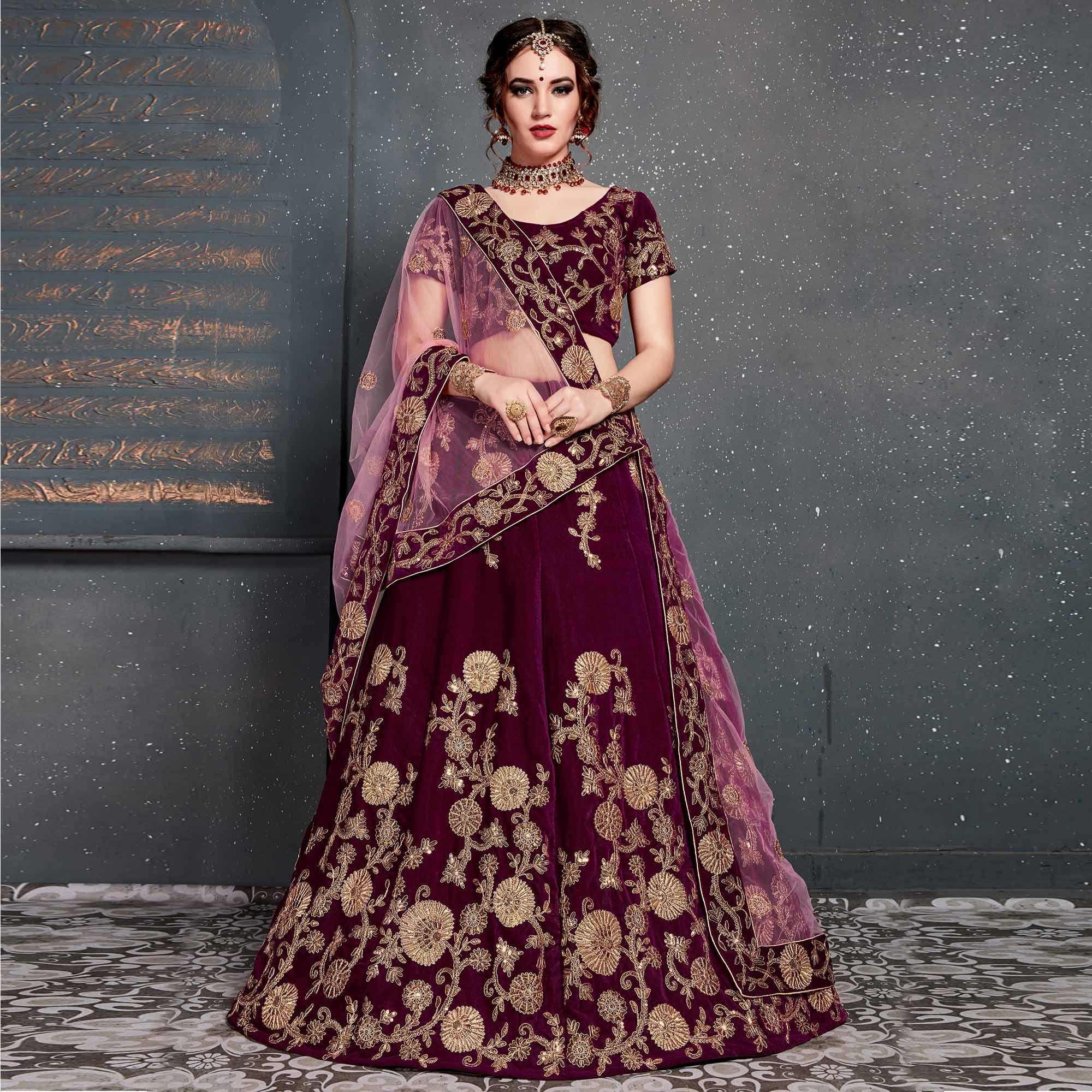 Eye-catching Purple Colored Wedding Wear Embroidered Velvet Lehenga Choli - Peachmode