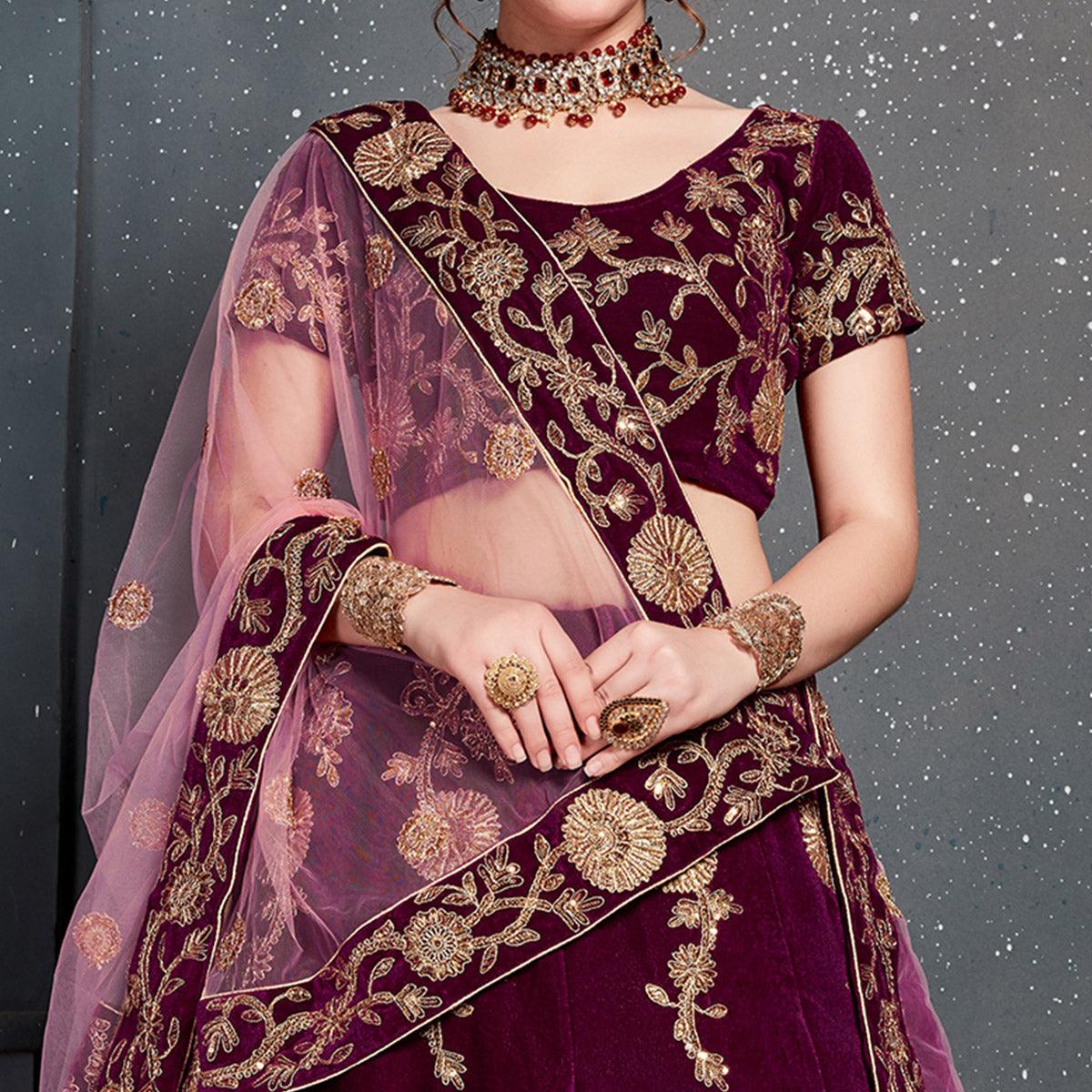 Eye-catching Purple Colored Wedding Wear Embroidered Velvet Lehenga Choli - Peachmode