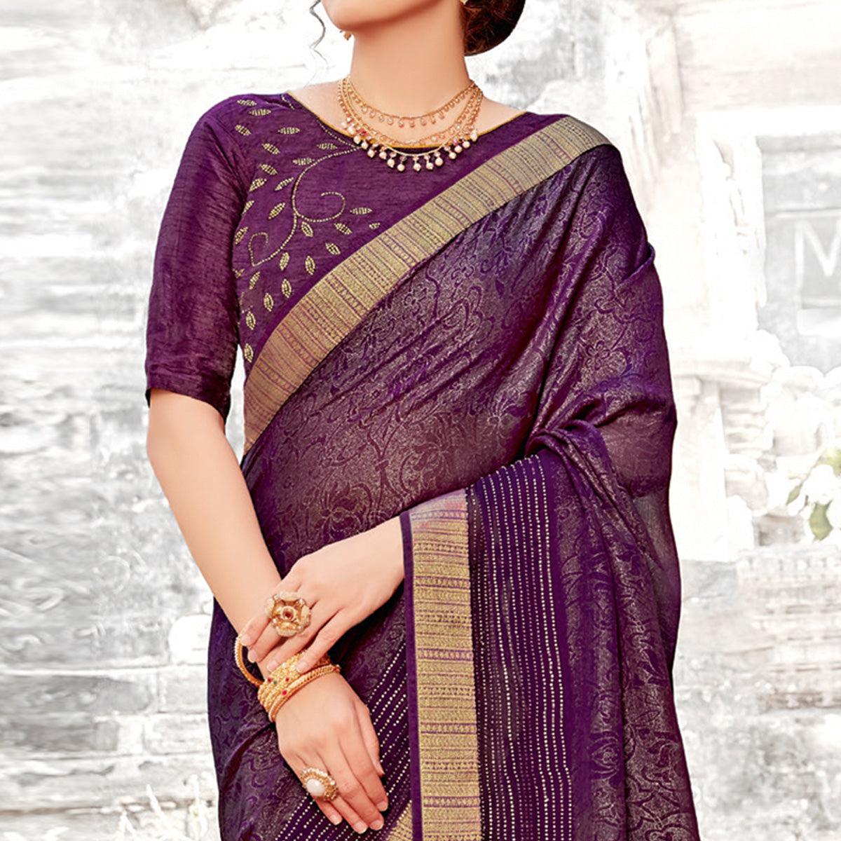 Eye-catching Purple Coloured Partywear Embellished Georgette Saree - Peachmode