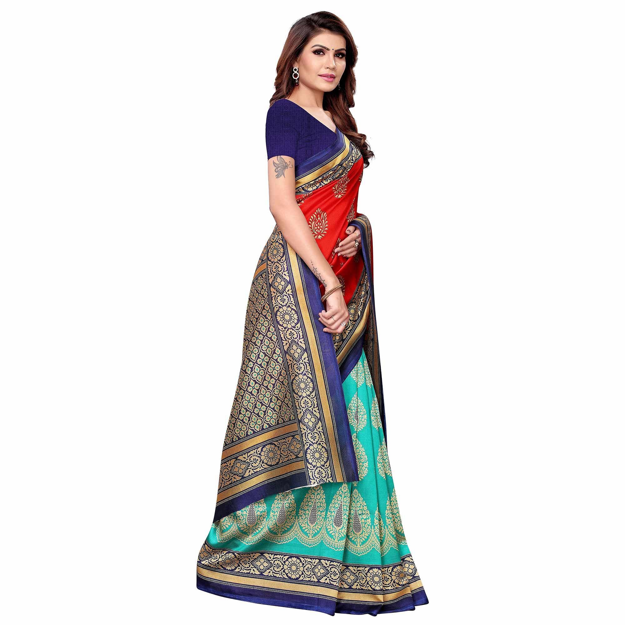 Eye-catching Red - Aqua Blue Colored Casual Wear Printed Art Silk Saree - Peachmode