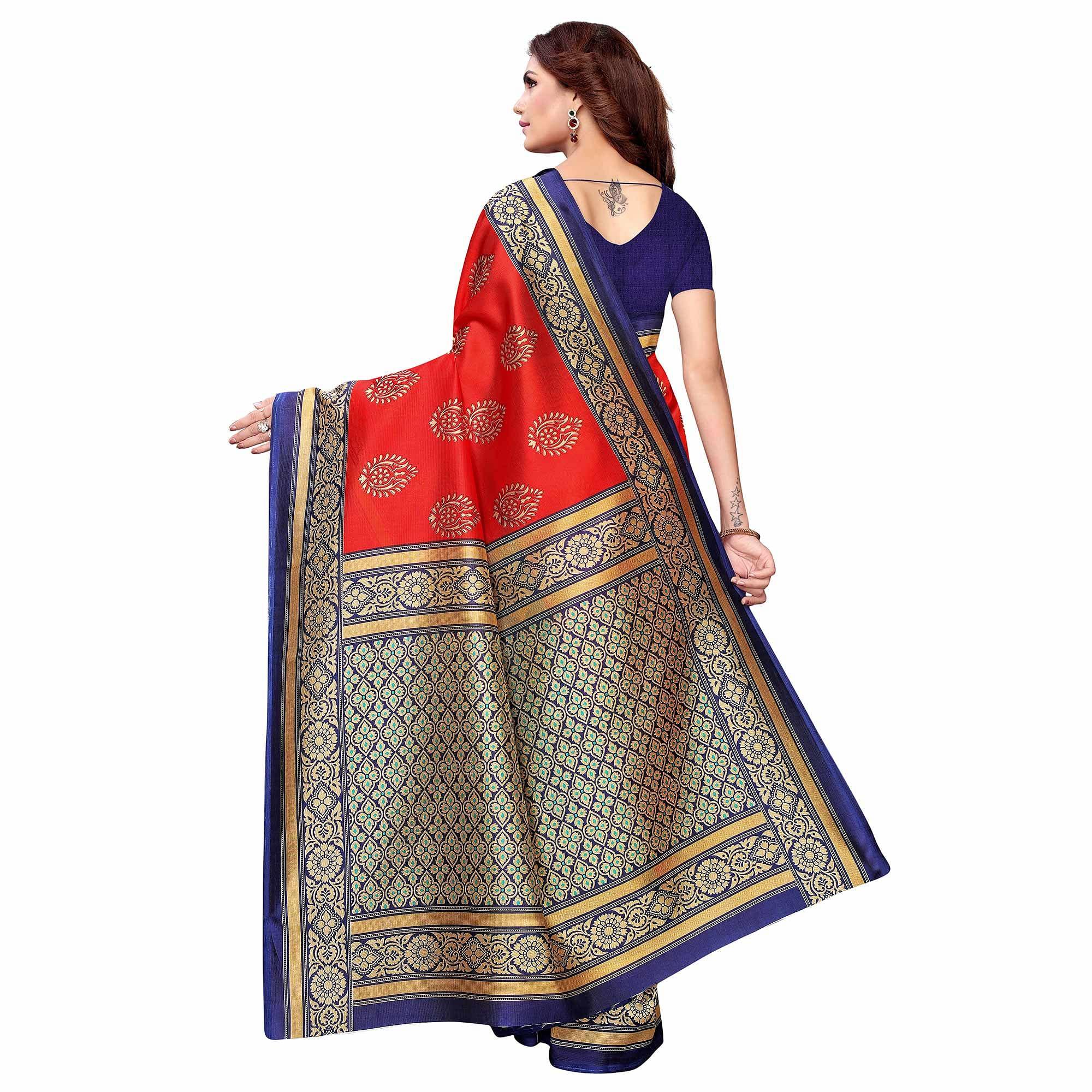 Eye-catching Red - Aqua Blue Colored Casual Wear Printed Art Silk Saree - Peachmode