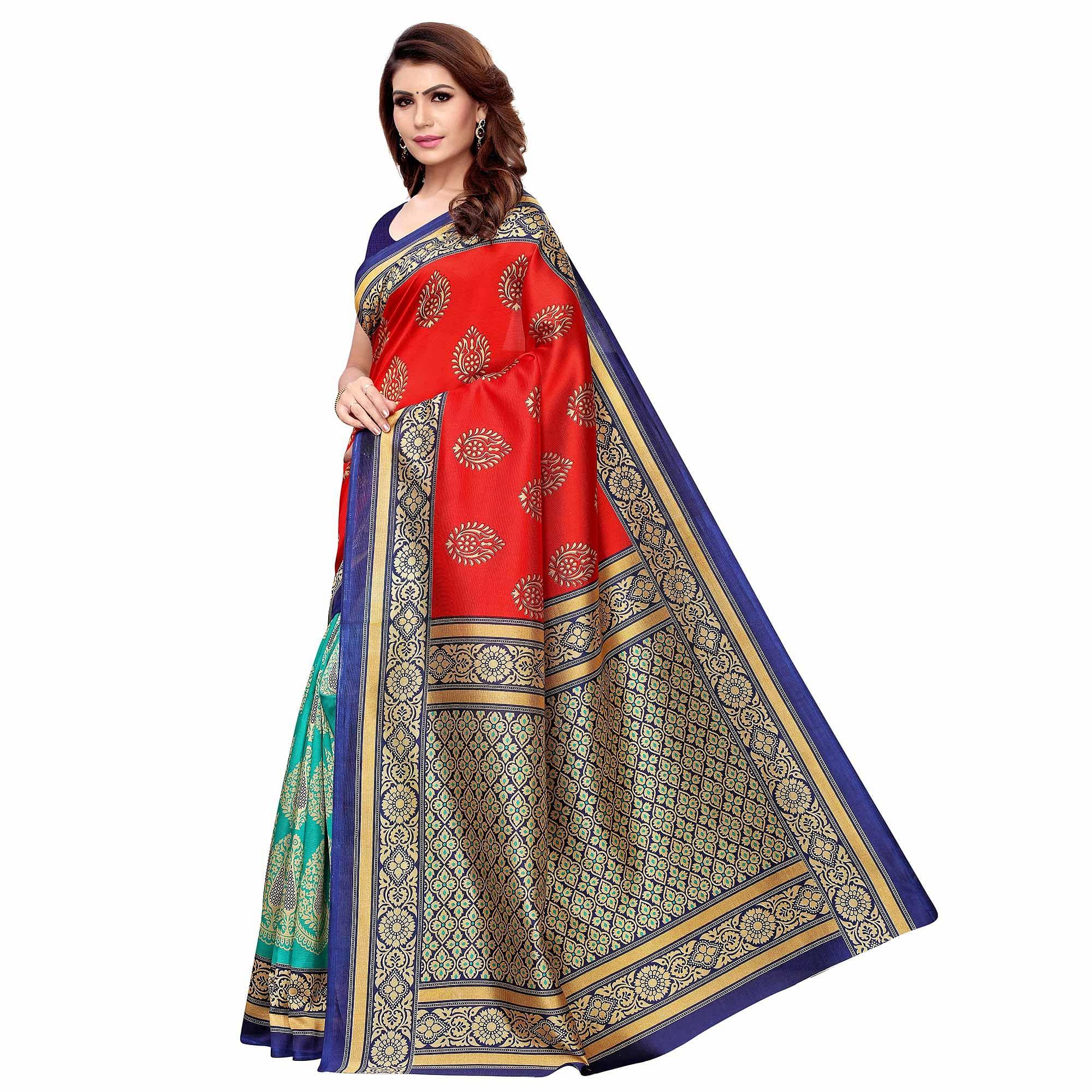 Eye-catching Red - Aqua Blue Colored Casual Wear Printed Art Silk Saree - Peachmode