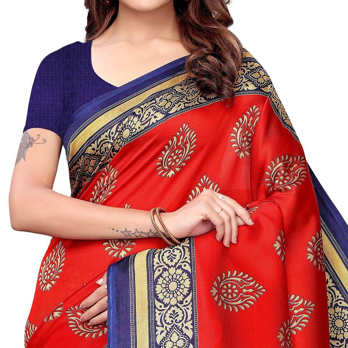 Eye-catching Red - Aqua Blue Colored Casual Wear Printed Art Silk Saree - Peachmode