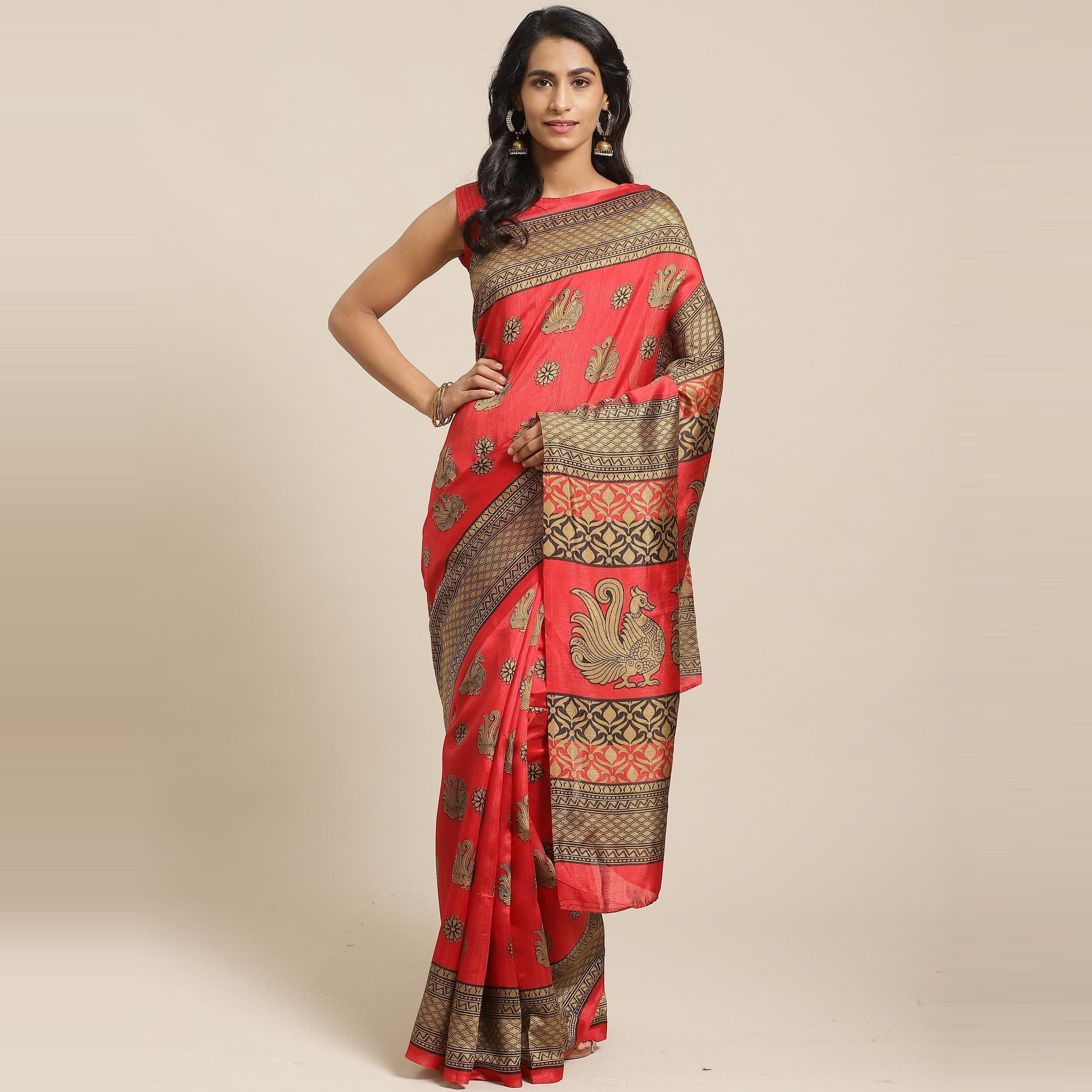 Eye-catching Red Colored Casual Wear Printed Silk Blend Saree - Peachmode
