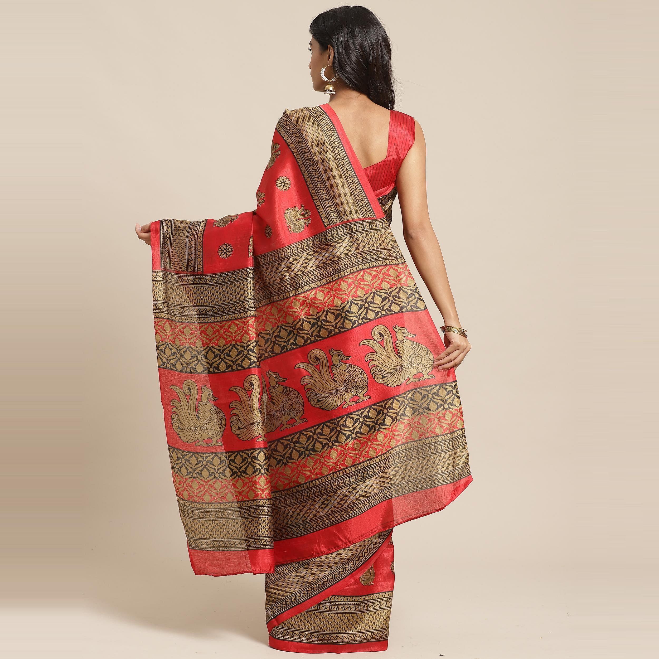 Eye-catching Red Colored Casual Wear Printed Silk Blend Saree - Peachmode