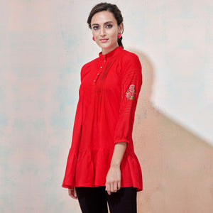 Eye-Catching Red Colored Partywear Embroidered Rayon Western Top - Peachmode