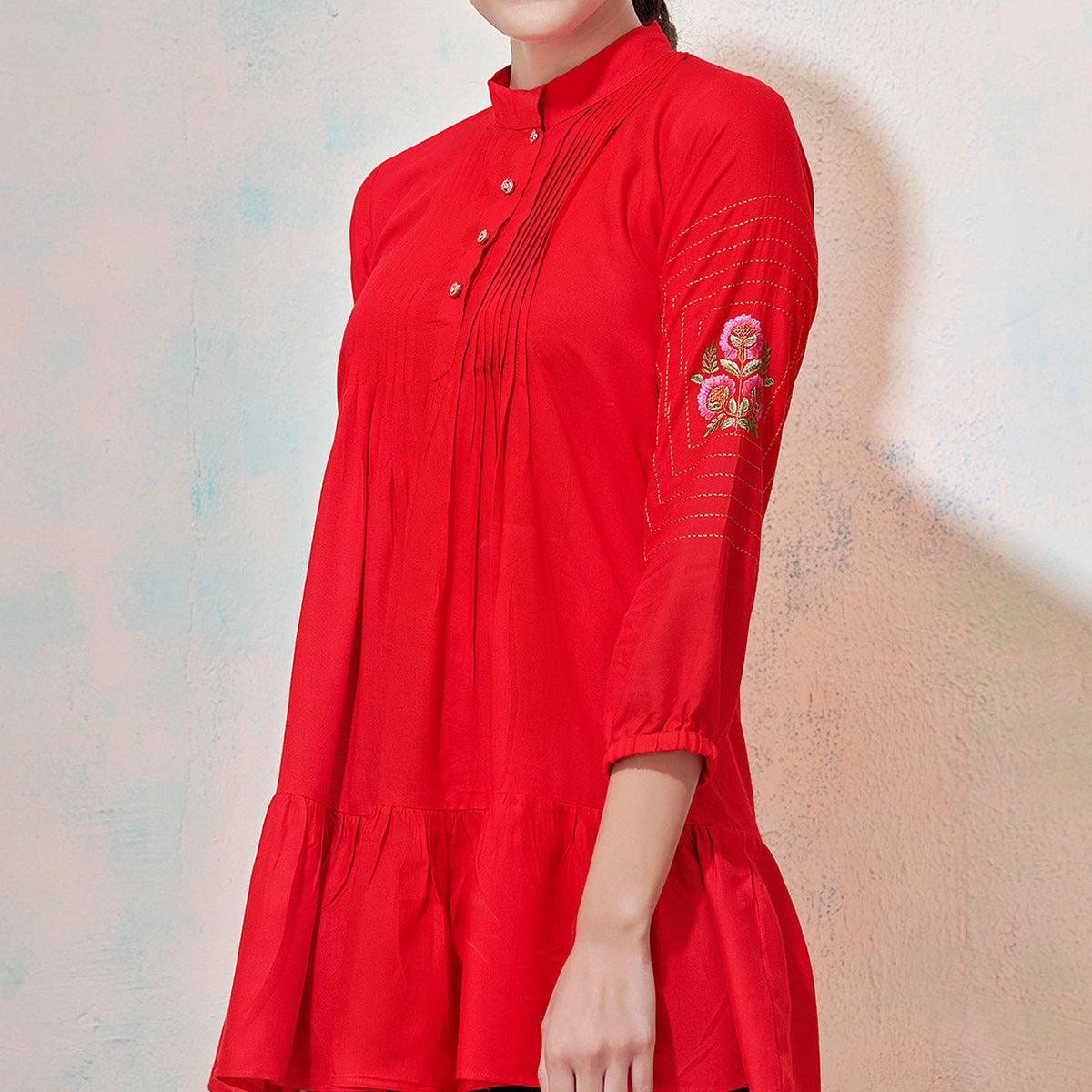 Eye-Catching Red Colored Partywear Embroidered Rayon Western Top - Peachmode