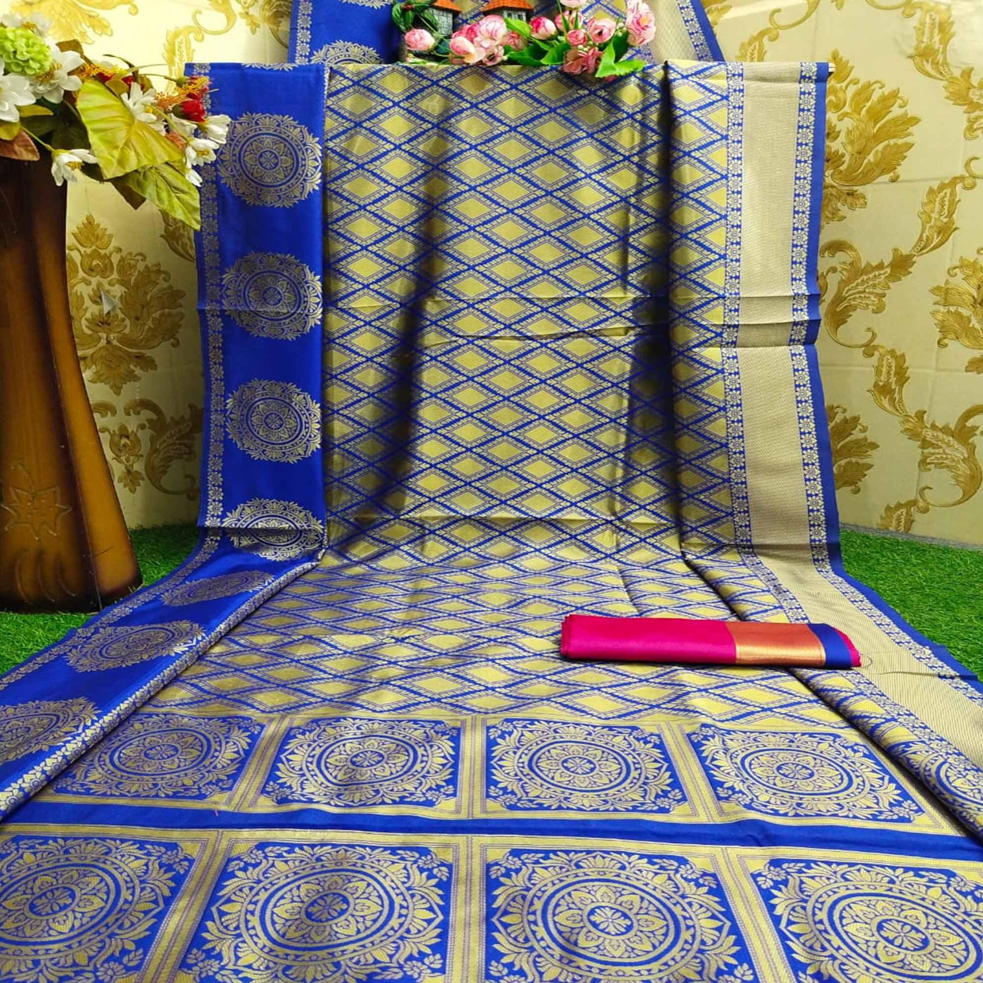 Eye-catching Royal Blue Colored Festive Wear Woven Soft Lichi Silk Saree - Peachmode