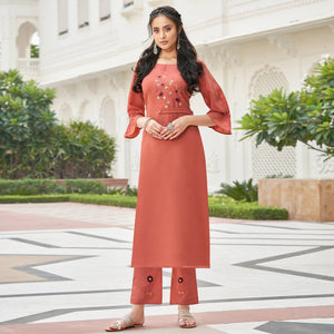 Eye-catching Rust Orange Colored Partywear Embroidered Cotton Slub Kurti Palazzo Set - Peachmode