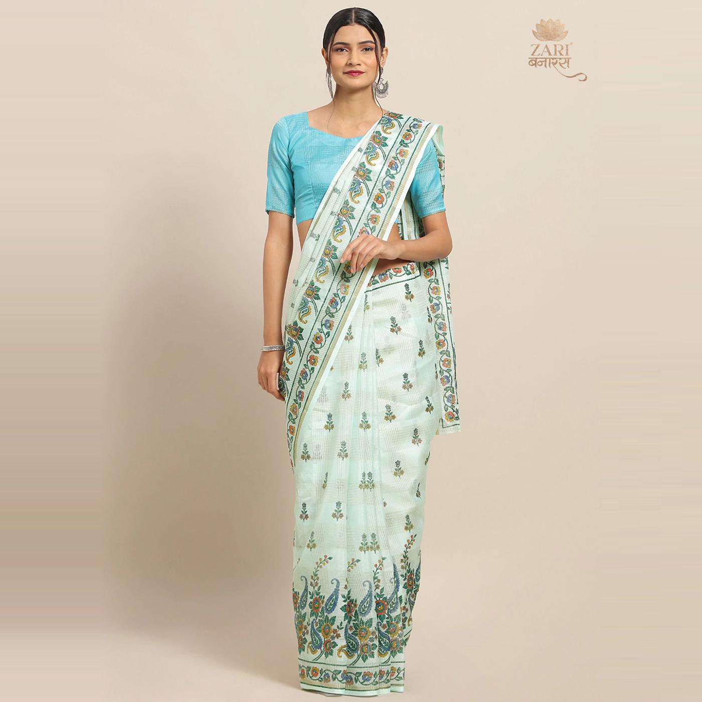 Eye-catching Sky Blue Colored Casual Wear Floral Printed Linen Saree - Peachmode