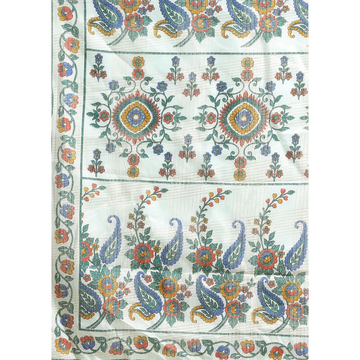 Eye-catching Sky Blue Colored Casual Wear Floral Printed Linen Saree - Peachmode