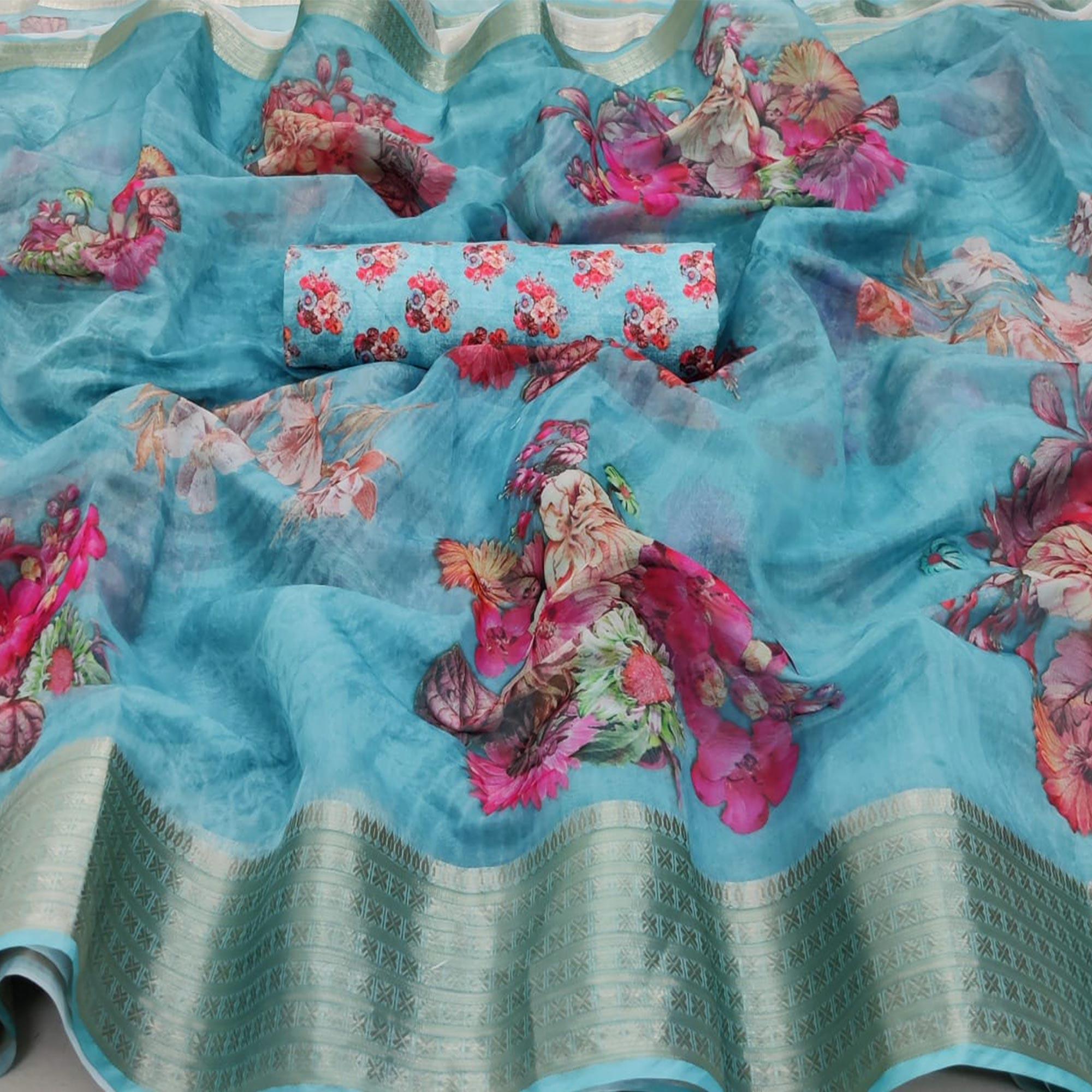 Eye-catching Sky Blue Colored Partywear Digital Printed Georgette Saree - Peachmode