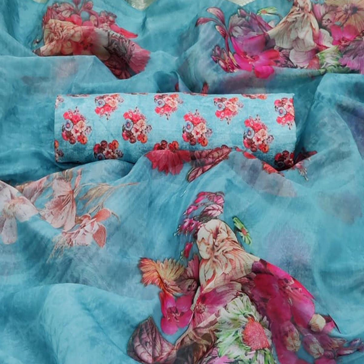 Eye-catching Sky Blue Colored Partywear Digital Printed Georgette Saree - Peachmode