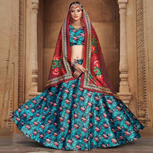 Eye-catching Sky Blue Colored Wedding Wear Printed Art Silk Lehenga Choli - Peachmode
