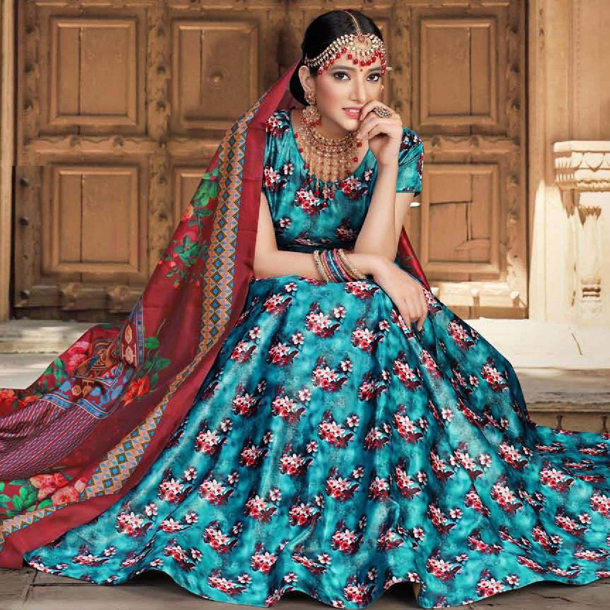 Eye-catching Sky Blue Colored Wedding Wear Printed Art Silk Lehenga Choli - Peachmode