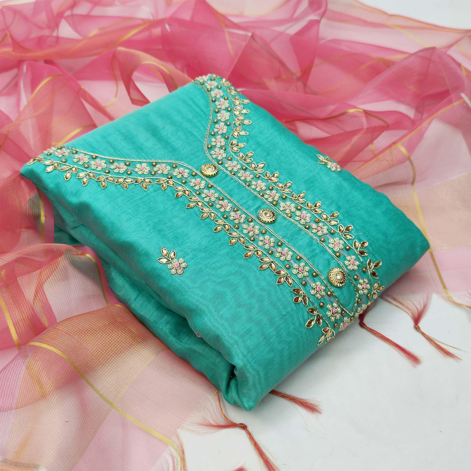Eye-catching Turquoise Blue Colored Casual Embroidered Modal Chanderi Dress Material - Peachmode