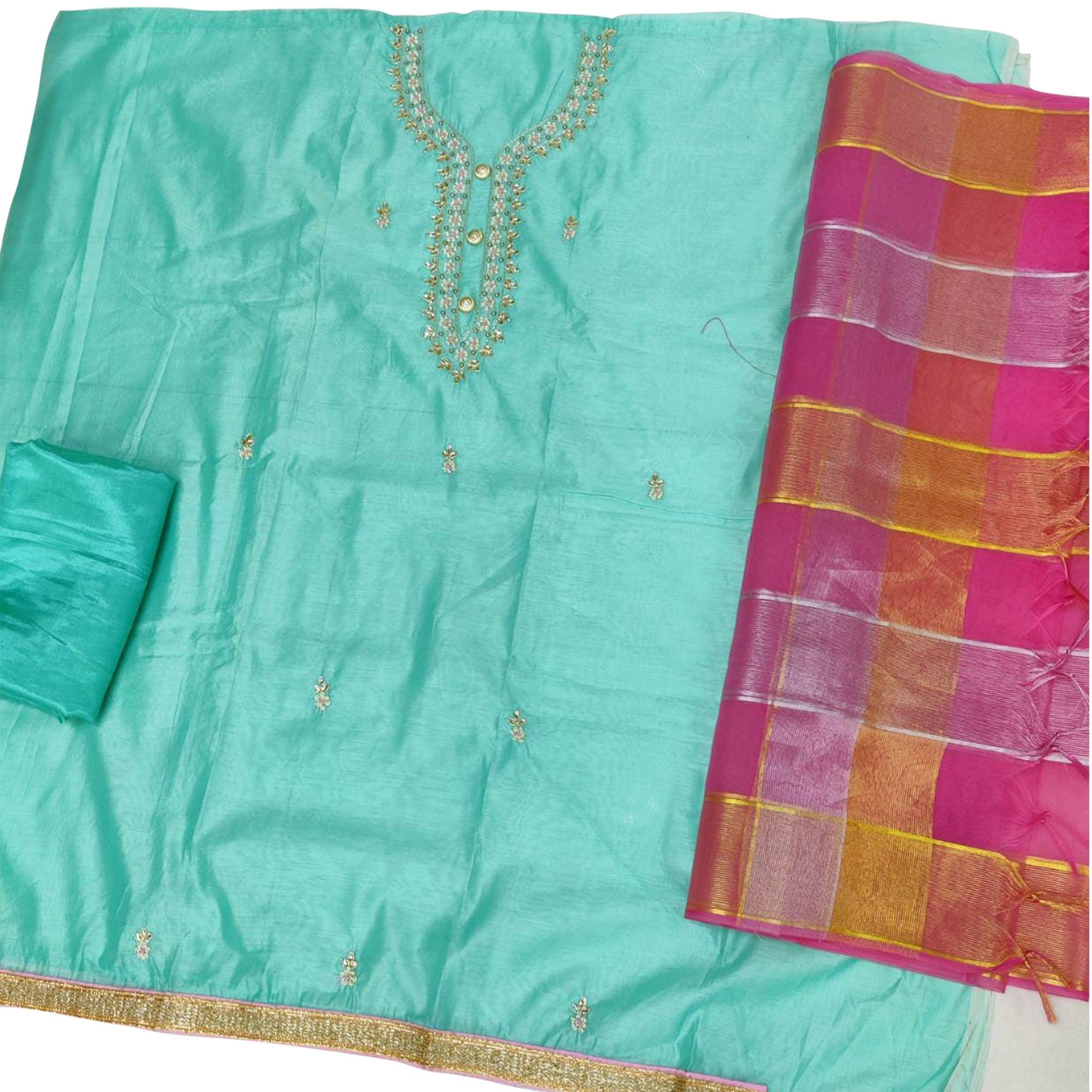 Eye-catching Turquoise Blue Colored Casual Embroidered Modal Chanderi Dress Material - Peachmode