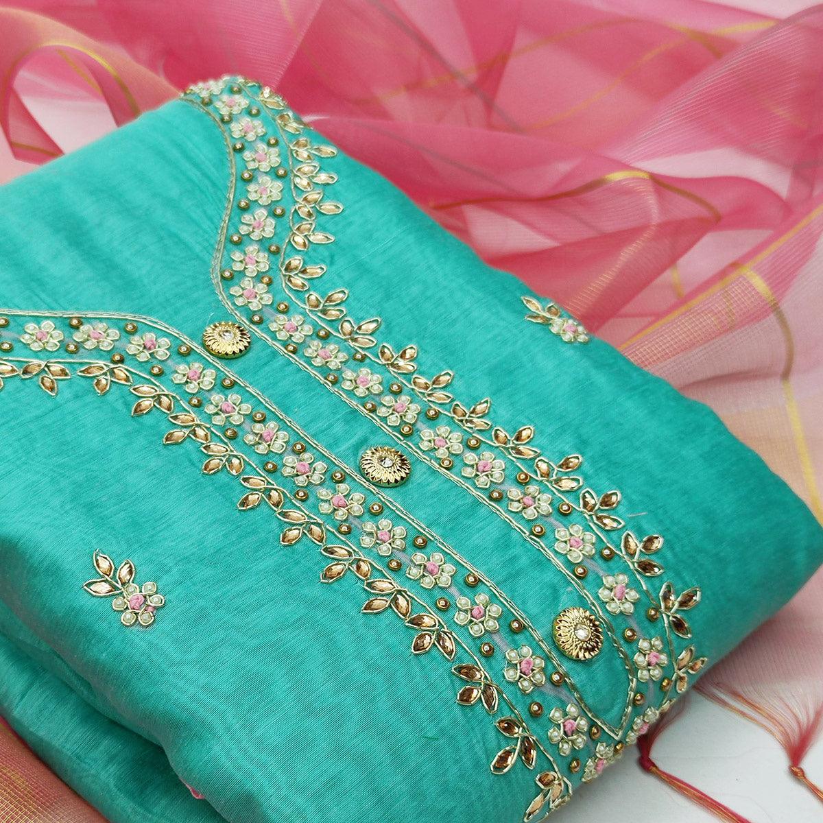 Eye-catching Turquoise Blue Colored Casual Embroidered Modal Chanderi Dress Material - Peachmode