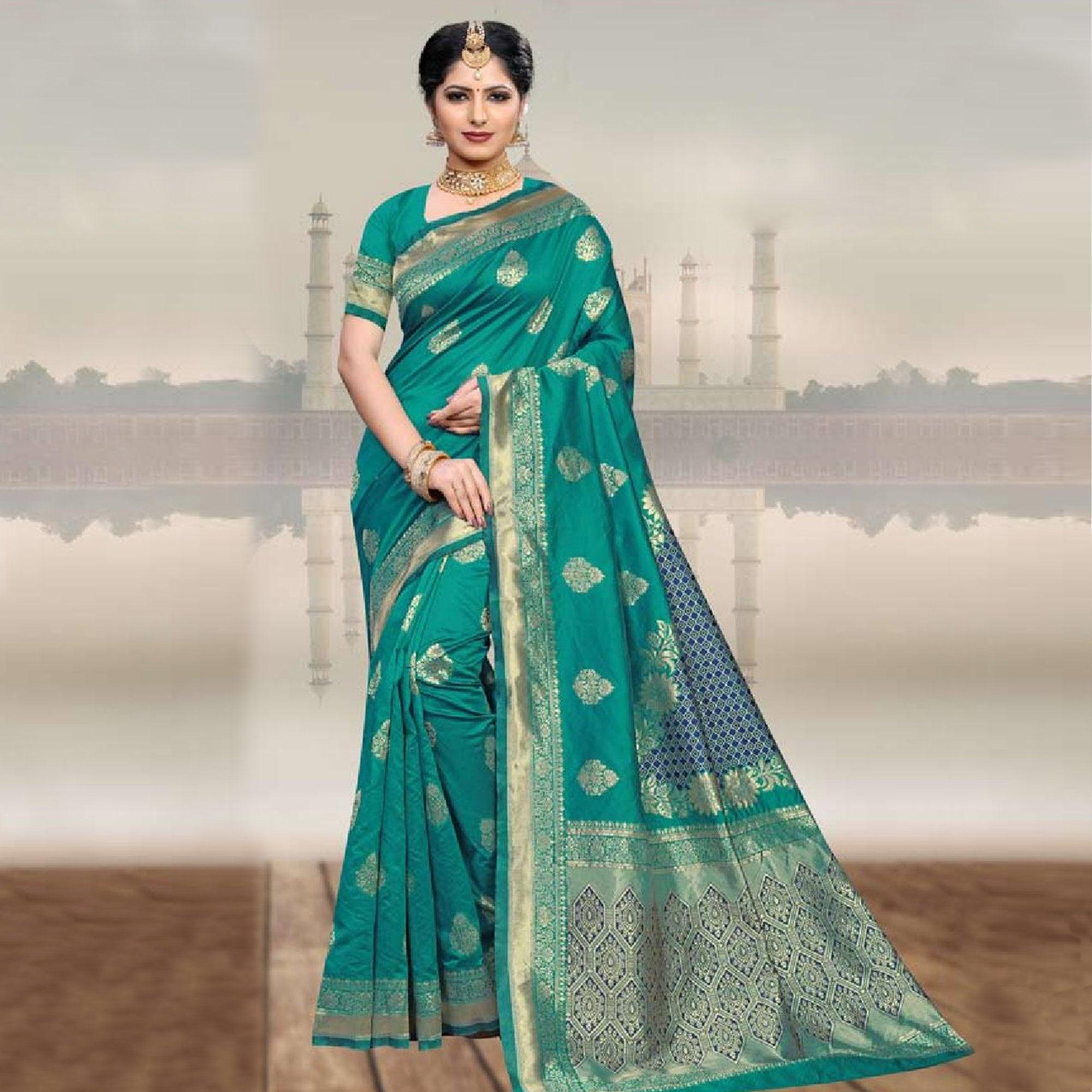 Eye-catching Turquoise Green Colored Festive Wear Woven Art Silk Saree - Peachmode