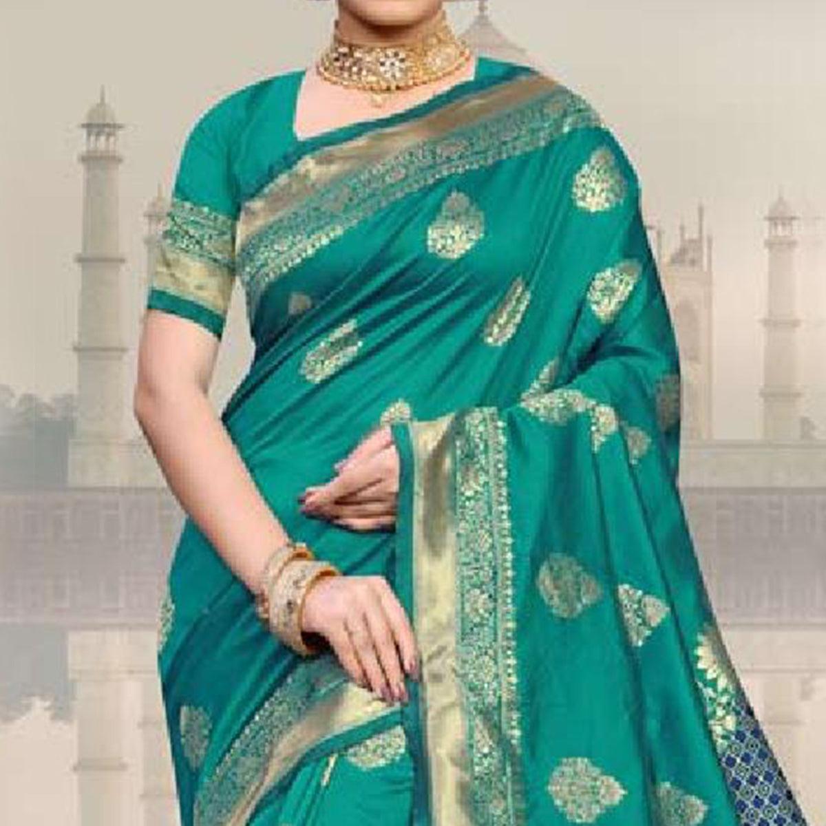 Eye-catching Turquoise Green Colored Festive Wear Woven Art Silk Saree - Peachmode