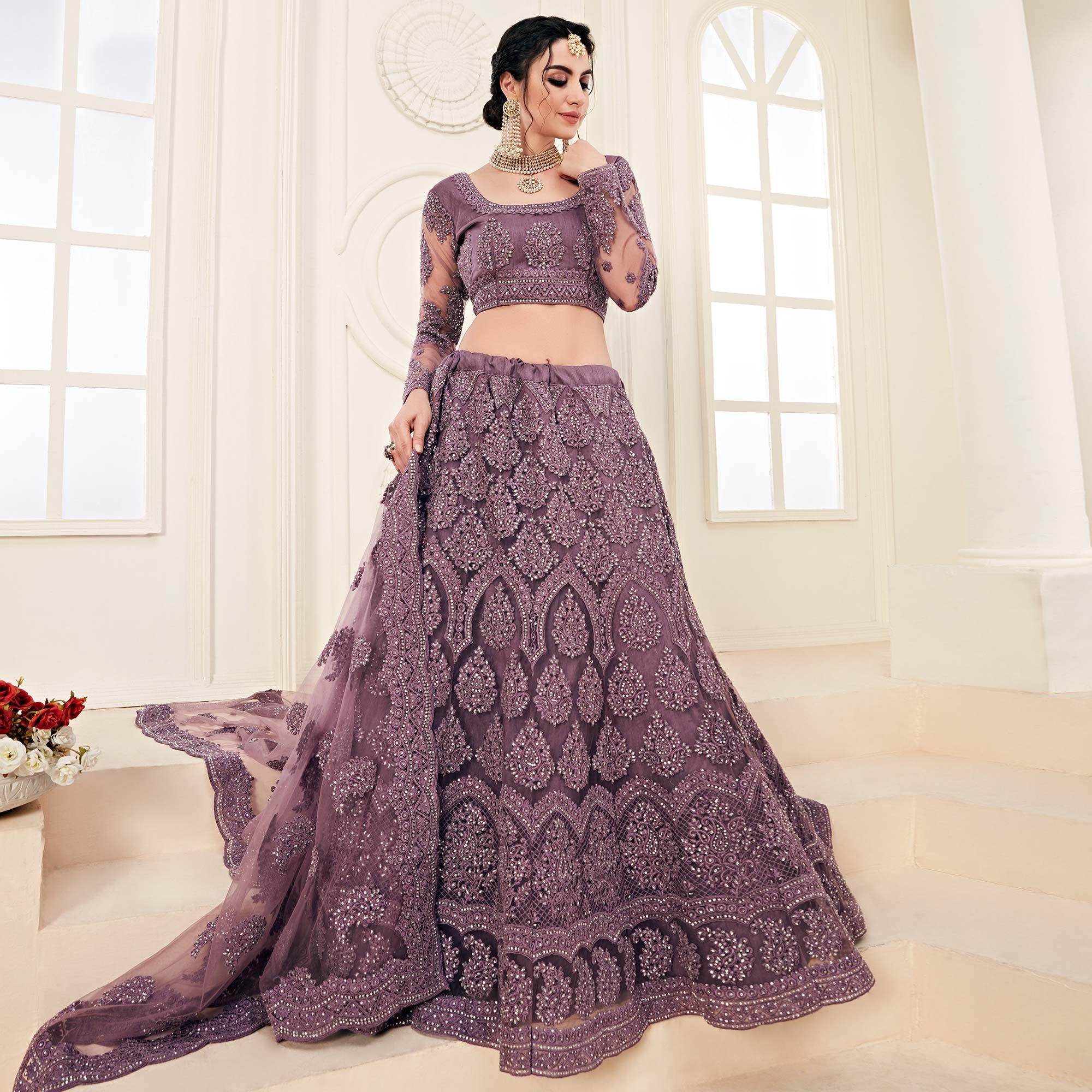 Eye-catching Violet Colored Cording Embroidery Wedding Wear Net Lehenga Choli - Peachmode
