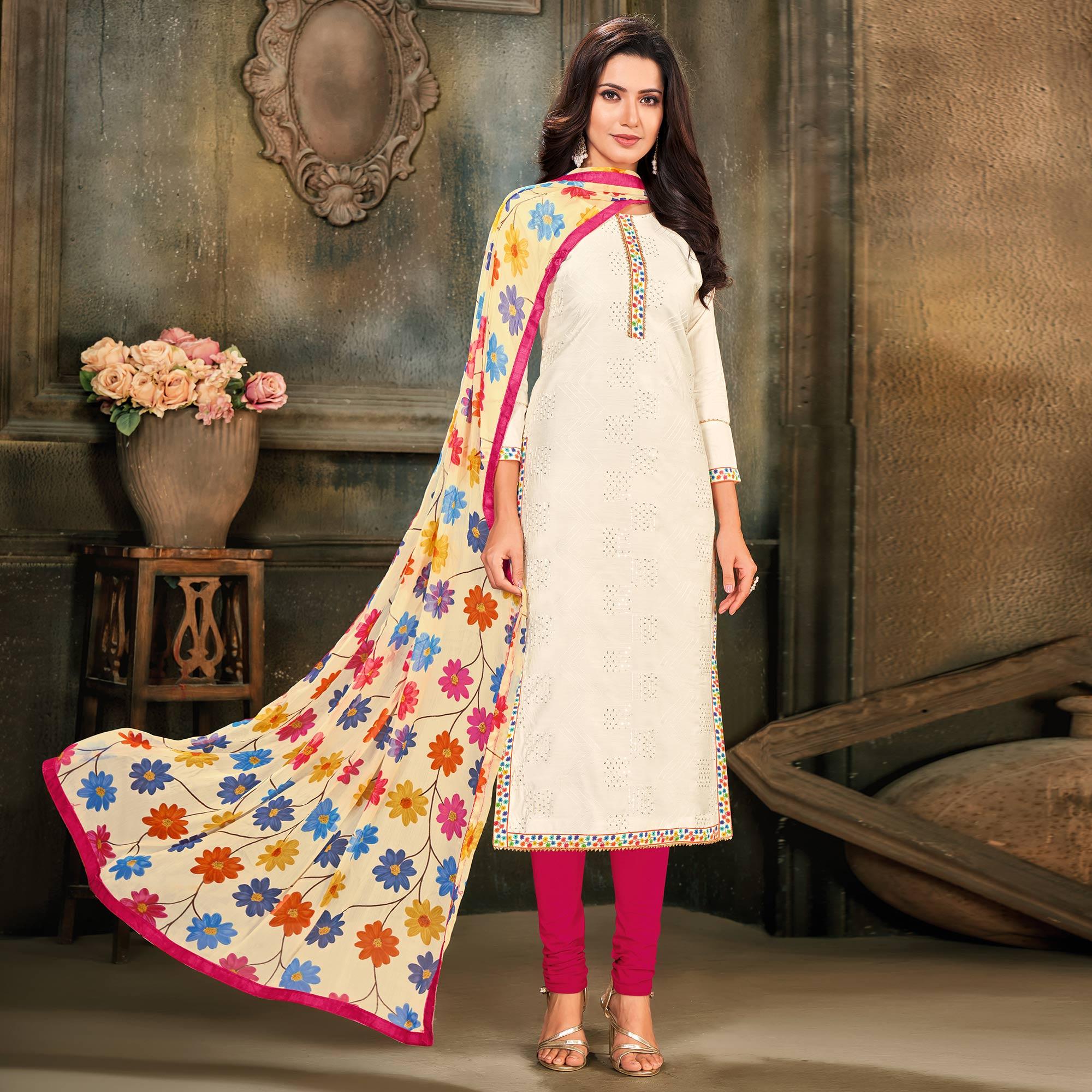 Eye-catching White Colored Partywear Embroidered Chanderi Dress Material - Peachmode