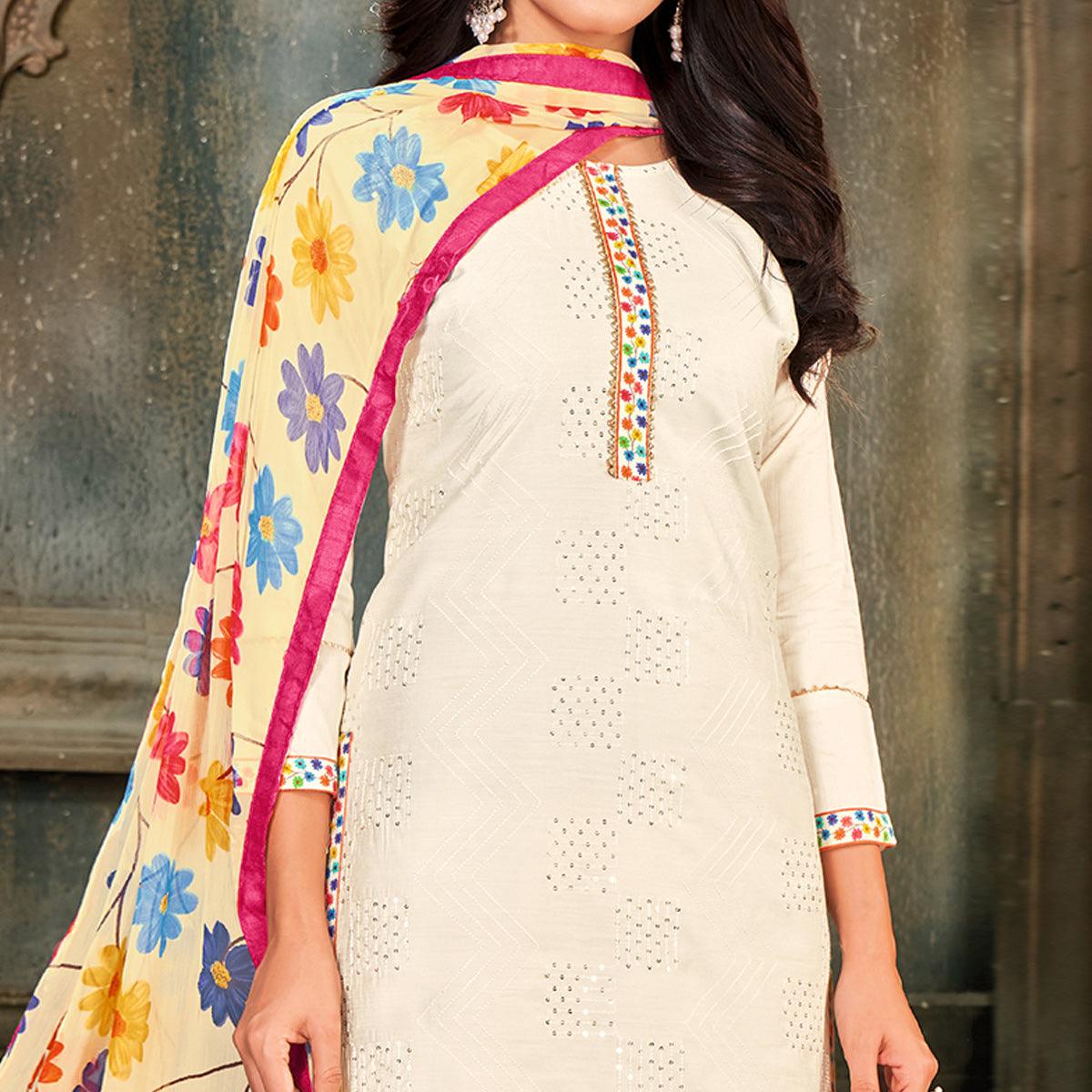 Eye-catching White Colored Partywear Embroidered Chanderi Dress Material - Peachmode