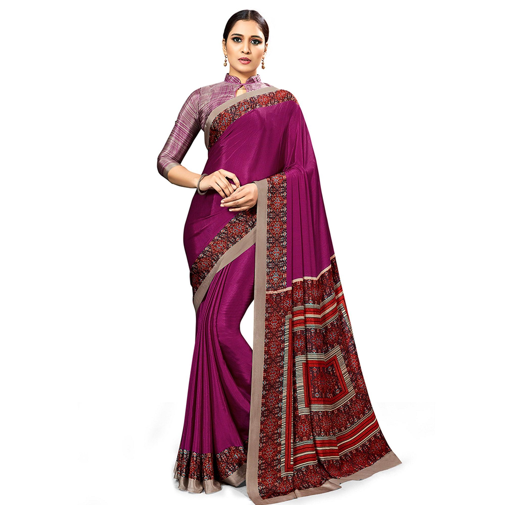 Eye-catching Wine Colored Casual Wear Printed Crepe Saree - Peachmode