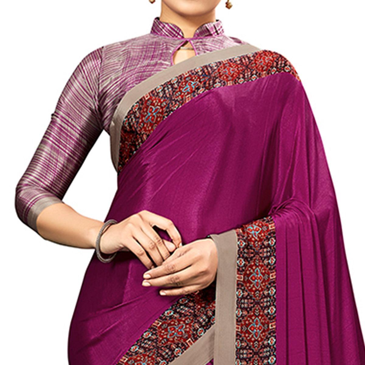 Eye-catching Wine Colored Casual Wear Printed Crepe Saree - Peachmode