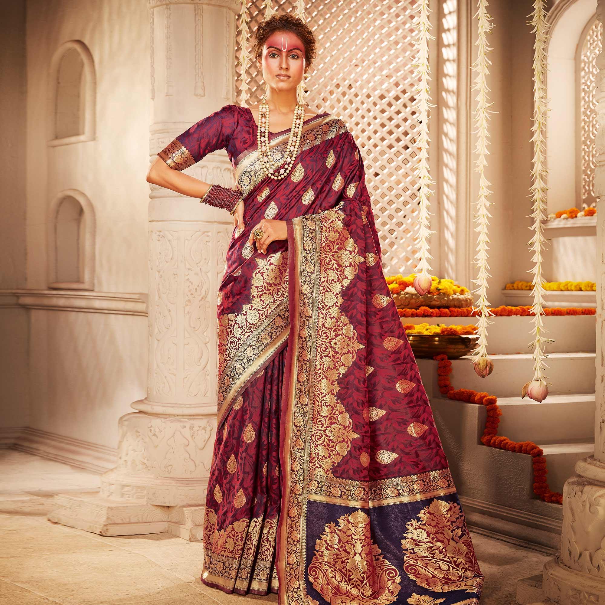 Eye-catching Wine Colored Festive Wear Woven Banarasi Silk Saree - Peachmode