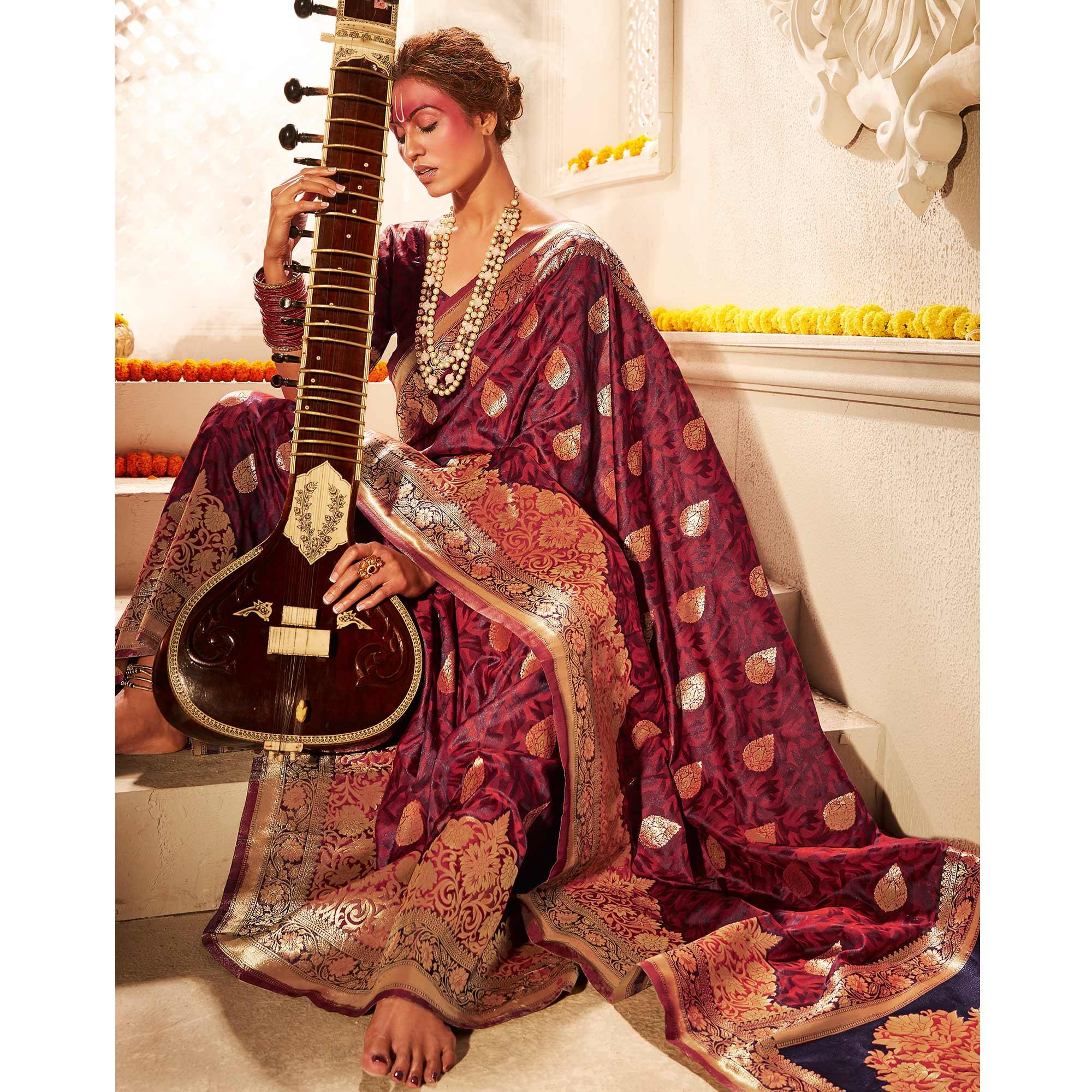Eye-catching Wine Colored Festive Wear Woven Banarasi Silk Saree - Peachmode