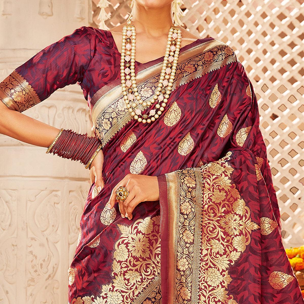 Eye-catching Wine Colored Festive Wear Woven Banarasi Silk Saree - Peachmode