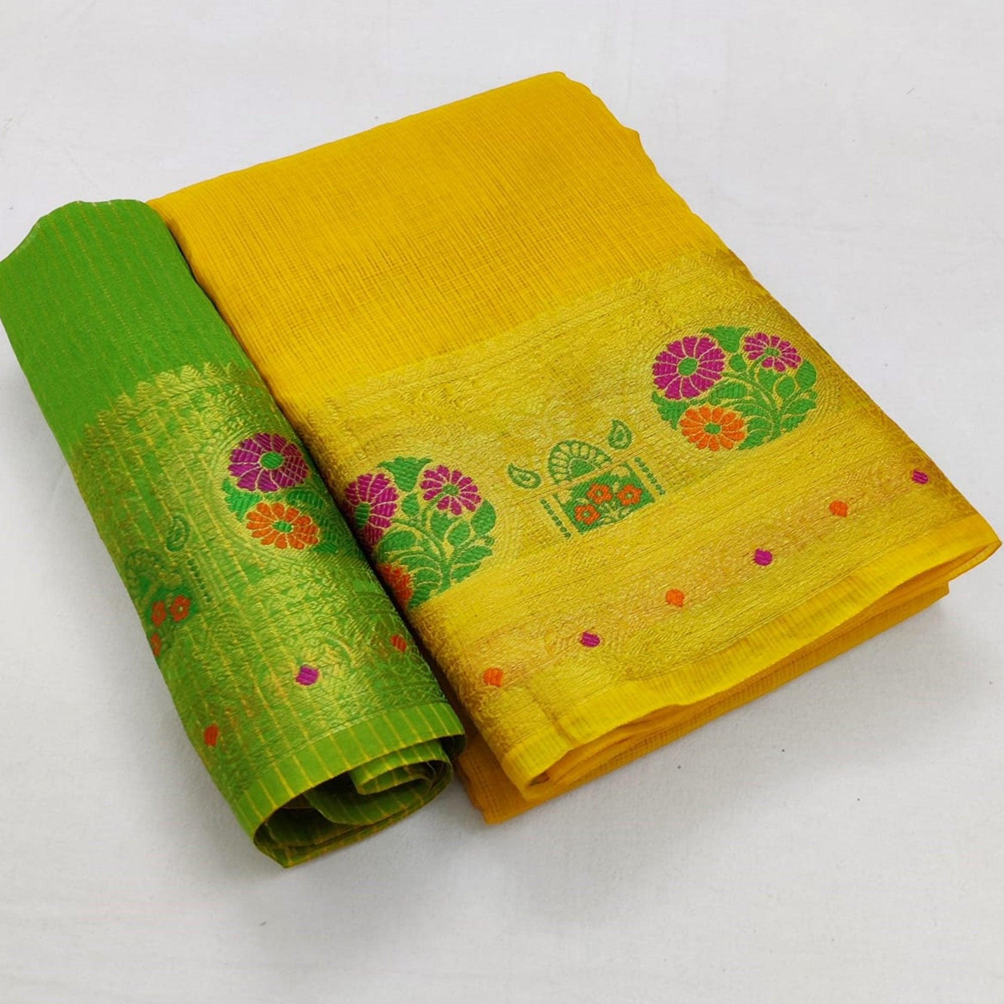 Eye-catching Yellow Colored Festive Wear Woven Heavy Cotton Saree - Peachmode
