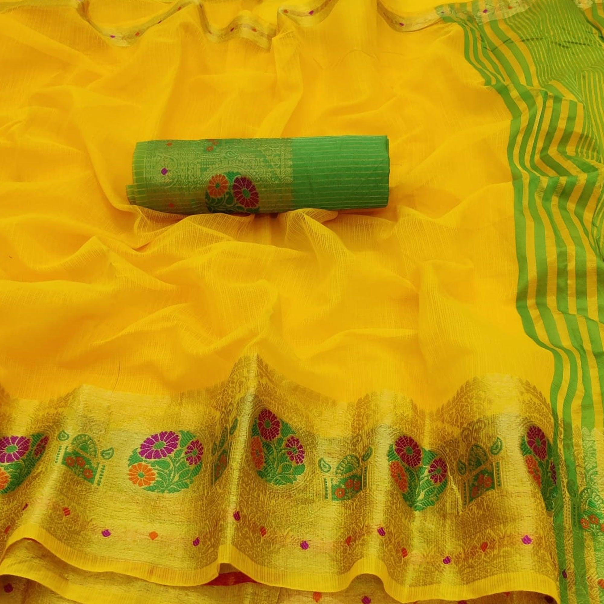 Eye-catching Yellow Colored Festive Wear Woven Heavy Cotton Saree - Peachmode