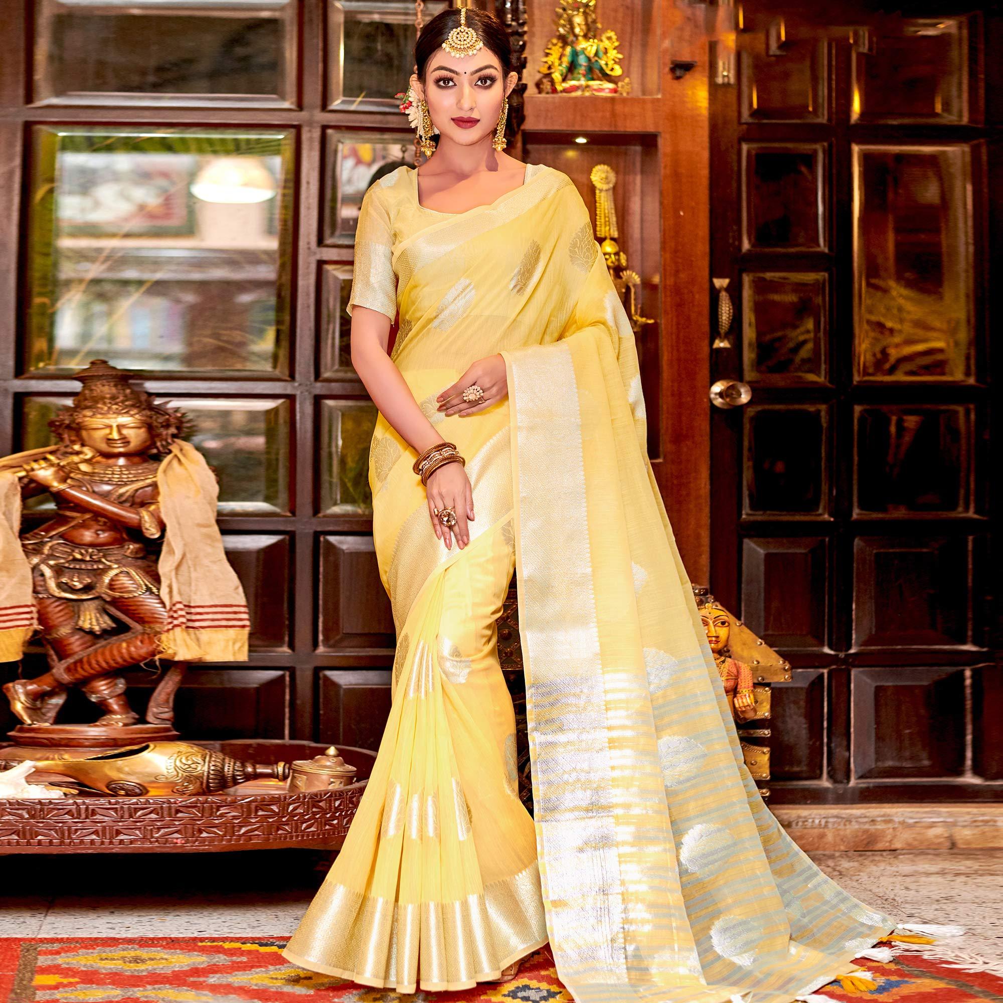 Eye-catching Yellow Colored Festive Wear Woven Linen Sareee - Peachmode