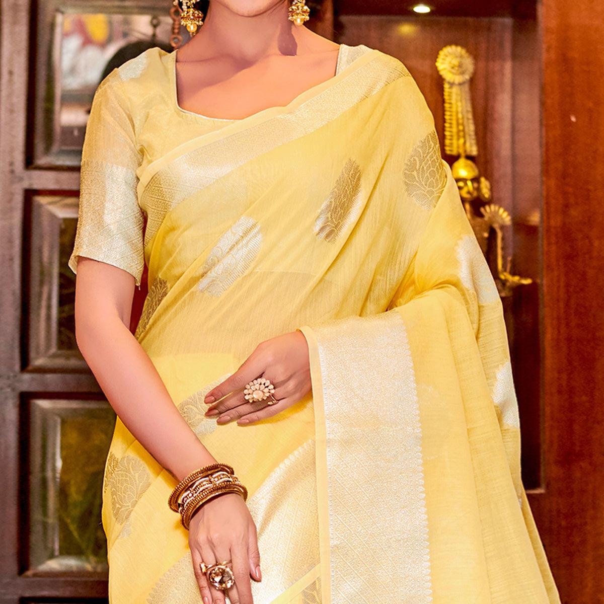 Eye-catching Yellow Colored Festive Wear Woven Linen Sareee - Peachmode