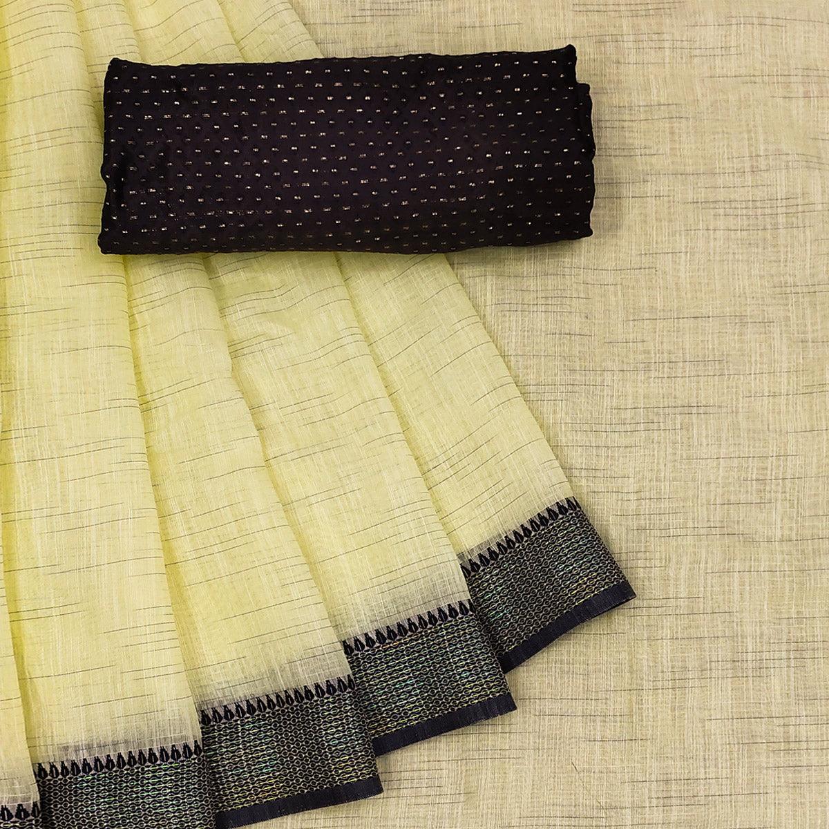 Eye-catching Yellow Colored lining Pattern Casual Wear Cotton Saree - Peachmode