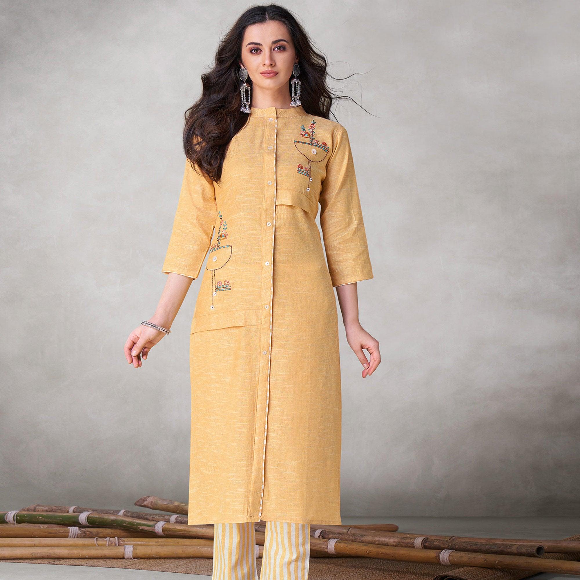 Eye-catching Yellow Colored Party Wear Embroidered Self Weaved Cotton Kurti Pant Set - Peachmode