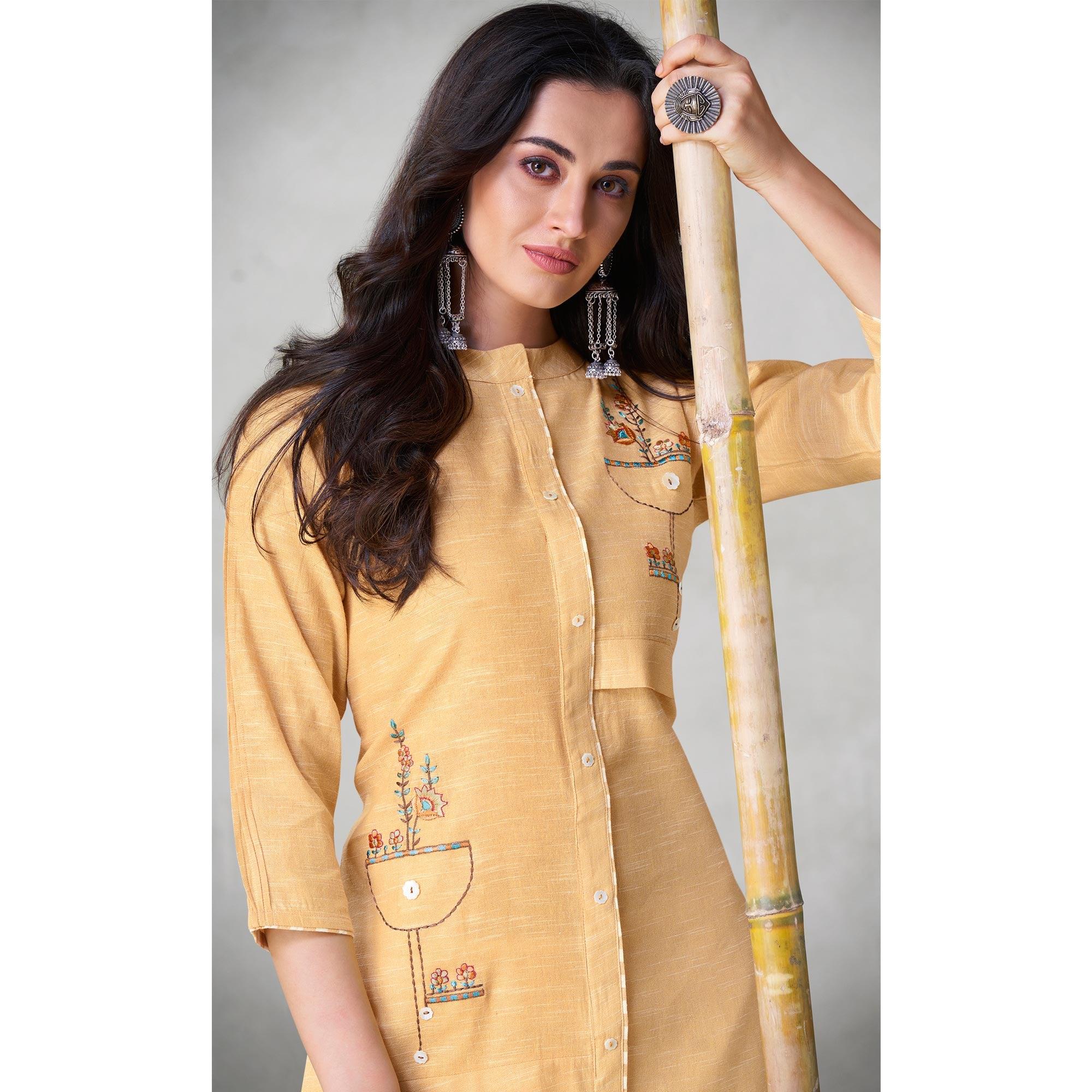 Eye-catching Yellow Colored Party Wear Embroidered Self Weaved Cotton Kurti Pant Set - Peachmode