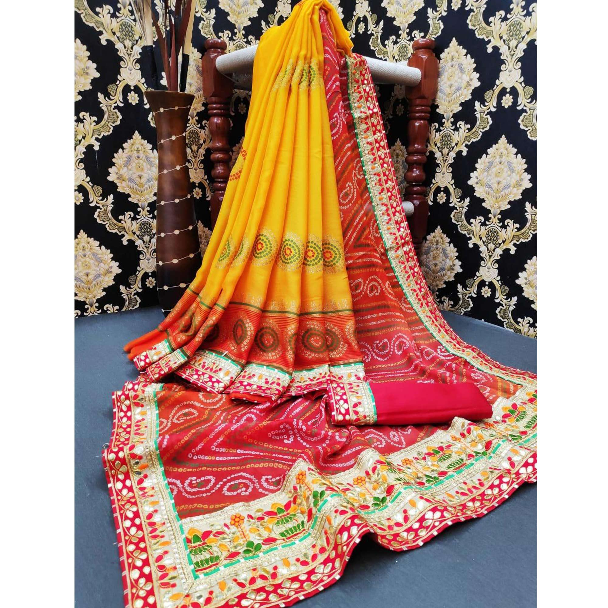 Eye-catching Yellow-Red Colored Festive Wear Zari Work Moss Chiffon Half-Half Saree - Peachmode
